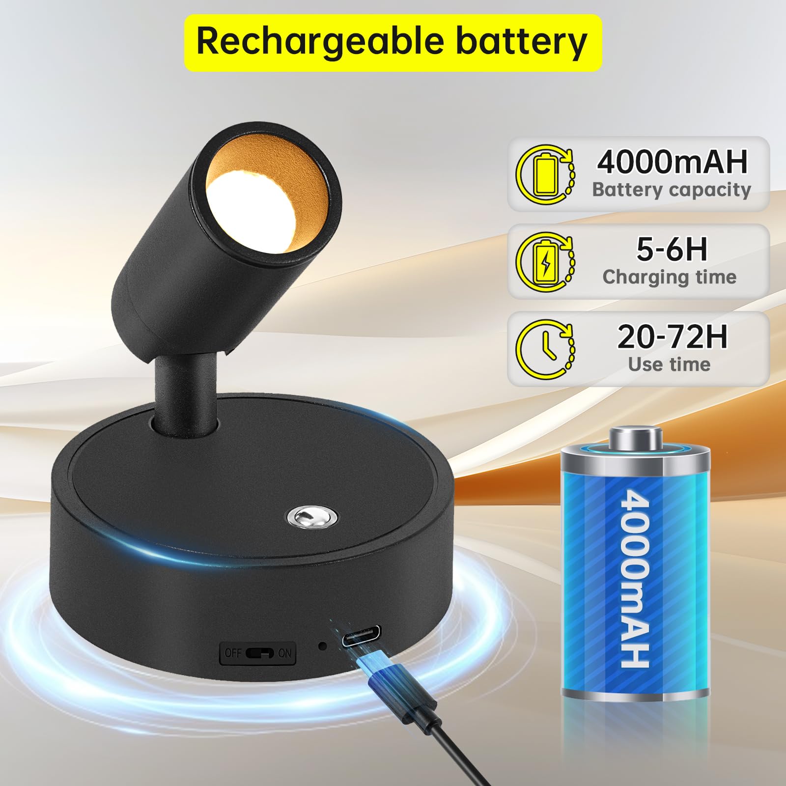 Kambo LED Lámpara de Pared Recargable 4000mAh, Aplique Foco Táctil y Control Remoto con Temporizador, Pequeños Foco Luz para Planta, Obras de Arte, Habitación, Estar, 2 Pieza