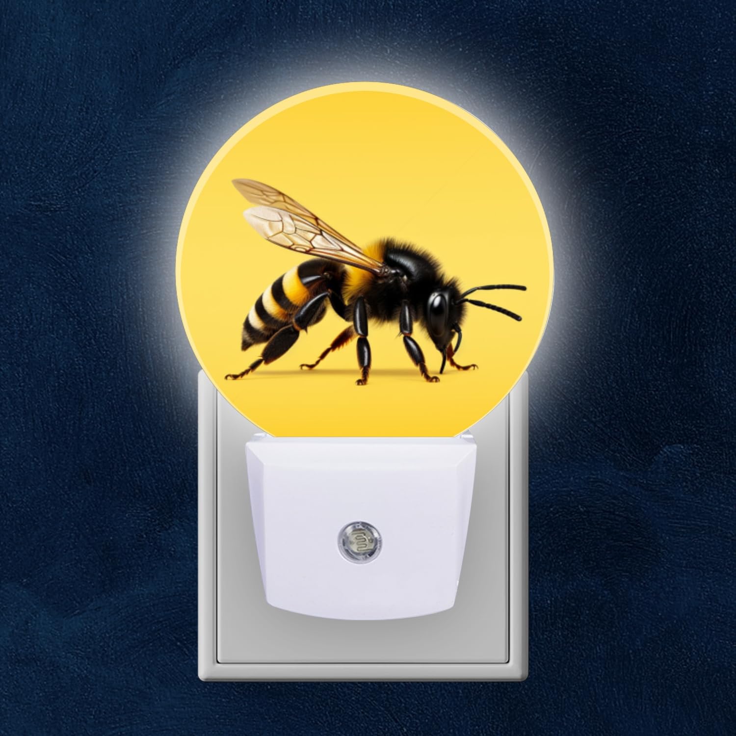 Mearafois Round LED Night Lights Lamp with Dusk to Dawn Sensor Bee On Yellow Background Night Light Plug