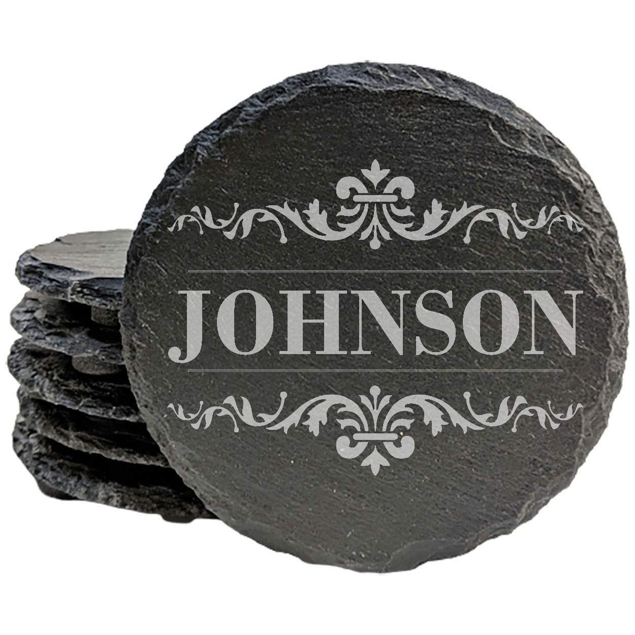 Personalized Monogram Coasters, Natural Slate Stone Coaster Set, Birthday, Wedding Or Anniversary Gift, Customized Rustic Coasters, Drink Coasters - Round Slate - set of 4
