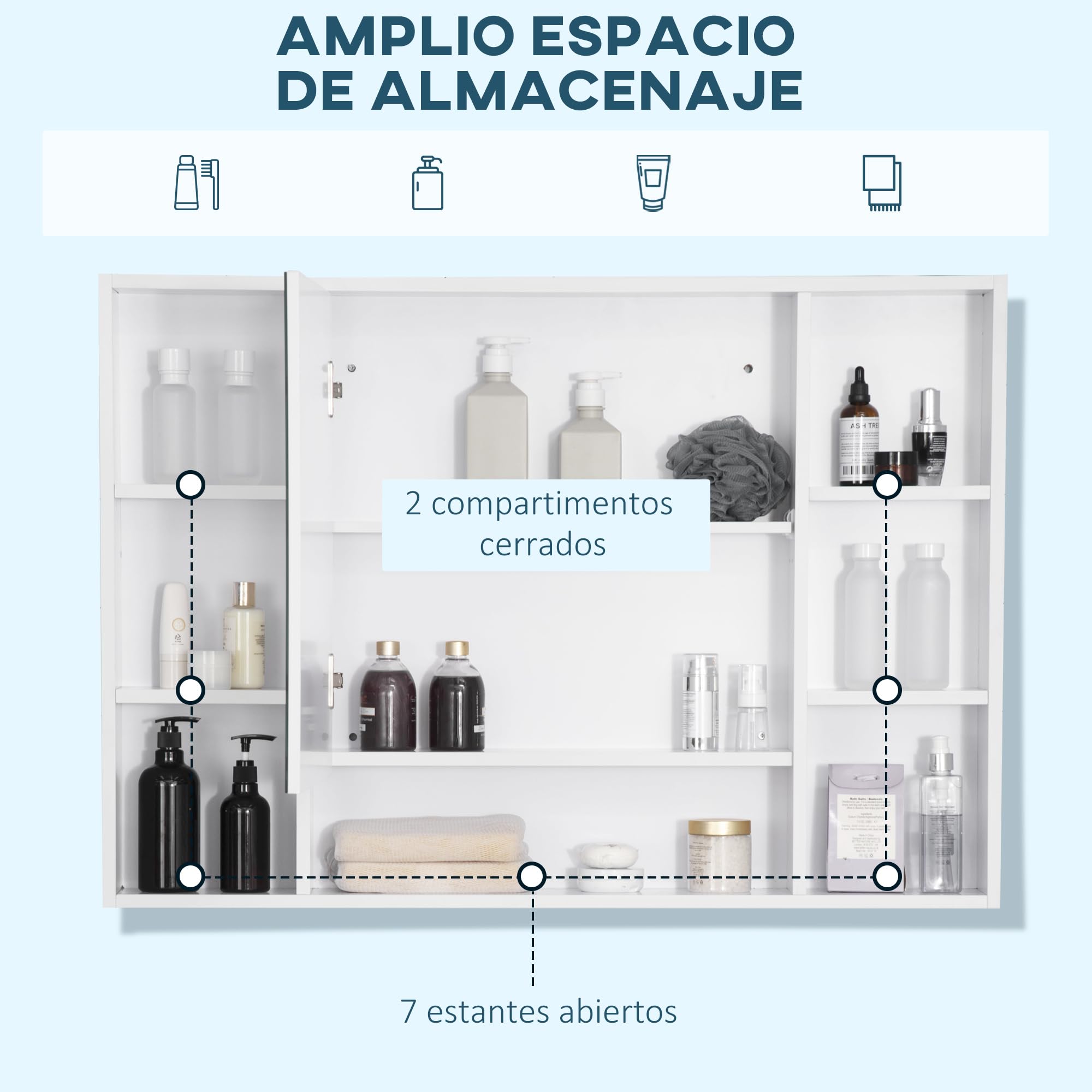 kleankin Armario de Baño con Espejo Armario de Pared 100x15x70 cm Blanco | Mueble de Baño Colgar, con Puerta, Estantes Abiertos