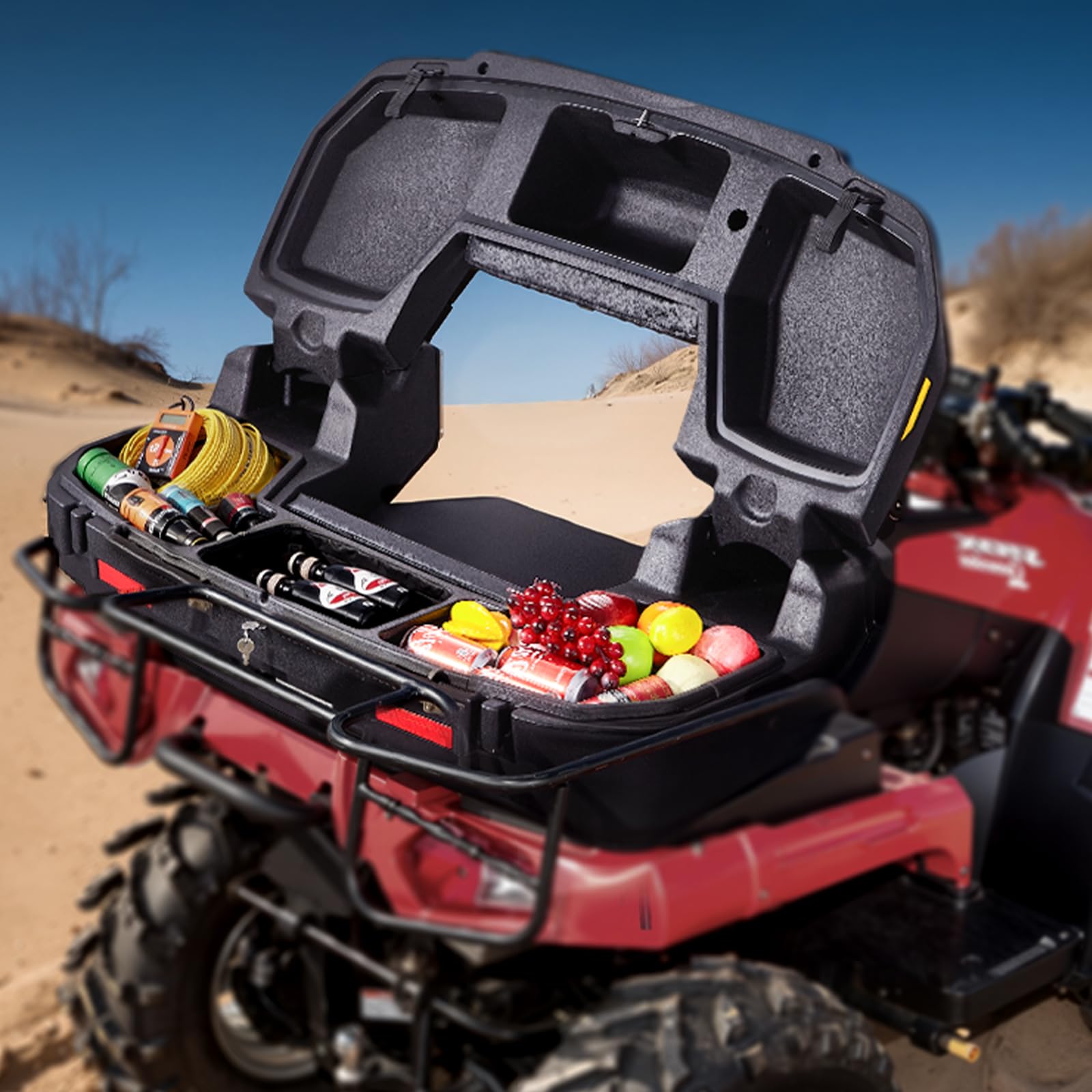 VEVOR Caja de Almacenamiento Trasera y Tumbona para ATV, 95 L, con Asiento y Respaldo, con Cerradura y LLDPE Impermeable, Compatible con Vehículos ATV, UTV y Can-Am, 1080 x 630 x 430 mm, Negro