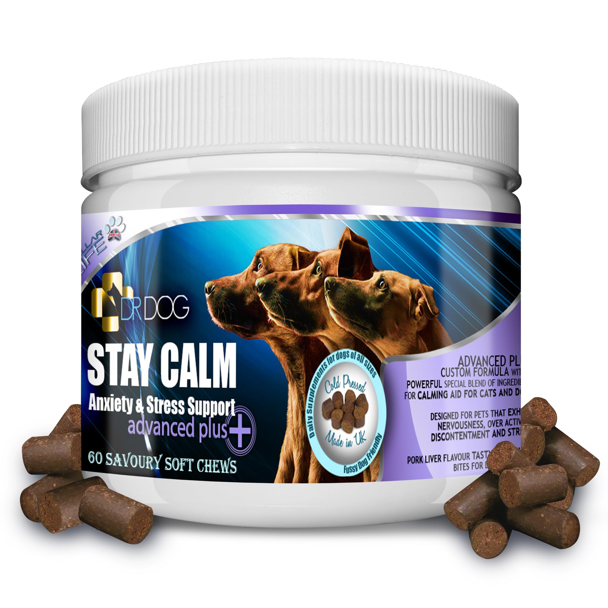 DR DOGStay Calm Anxiety Calming Supplement for Dogs – 60 Natural Soft Chew Tasty Treats - Stress Nervous Hyperactivity Relief Vet Grade Aid – Fussy Pet Friendly - Made in UK