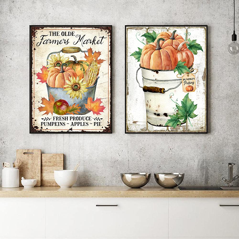 GLWDMB Cartel de hojas de calabazas de otoño del mercado de agricultores, letrero de metal rústico vintage de otoño, pintura en lienzo, decoración de estilo rural Enmarcado, 2 Piezas