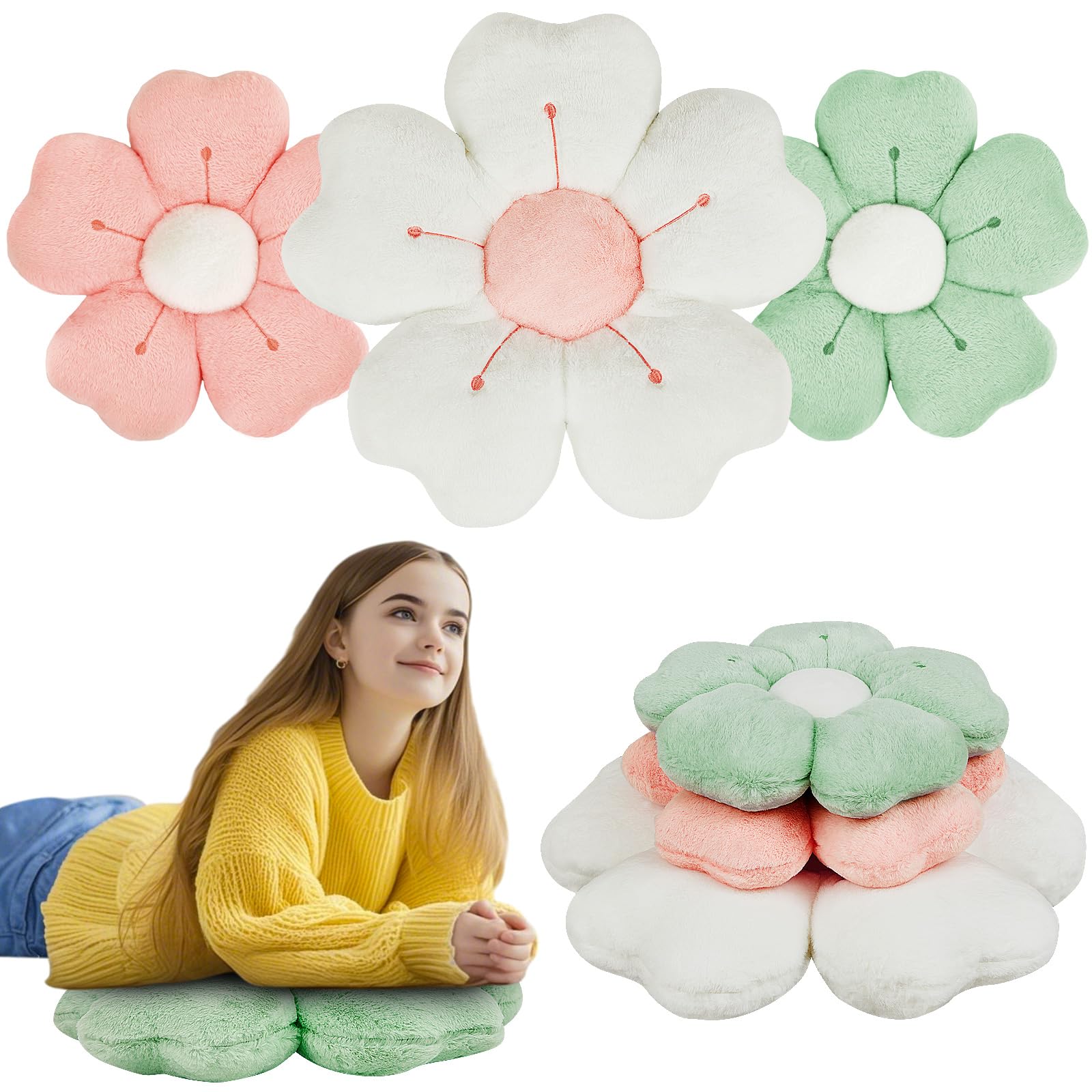 Yulejo 3 Pcs Daisy Flower Throw Pillow Cute Flower Floor Cushion Seating Chair Pads for Back to School First Day Sofa Couch Bed Room Decor (White, Green, Yellow, 15/15/ 21.6 in)