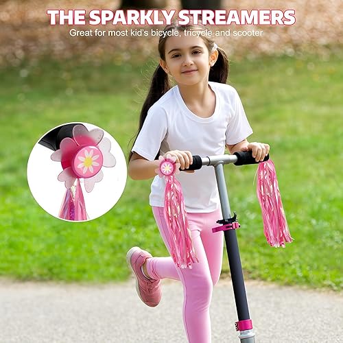 Miniatura 6 de Girasol Bike Scooter Manillar Streamers- Cintas rosas con borla brillante para niños Niños Bicicletas Trike Grips Accesorios Portabebés