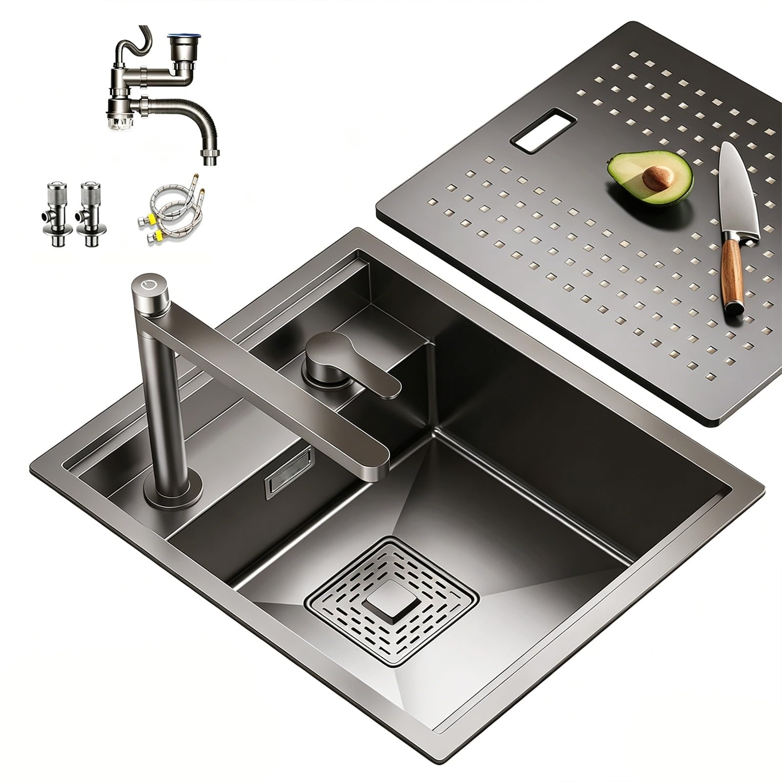 Fregadero Camper, Fregadero de Cocina y Grifo, Acero Inoxidable 304, Cubierta Oculta, para Caravanas, Autocaravanas, Embarcaciones y Bares(32x43cm/12.6x17in)