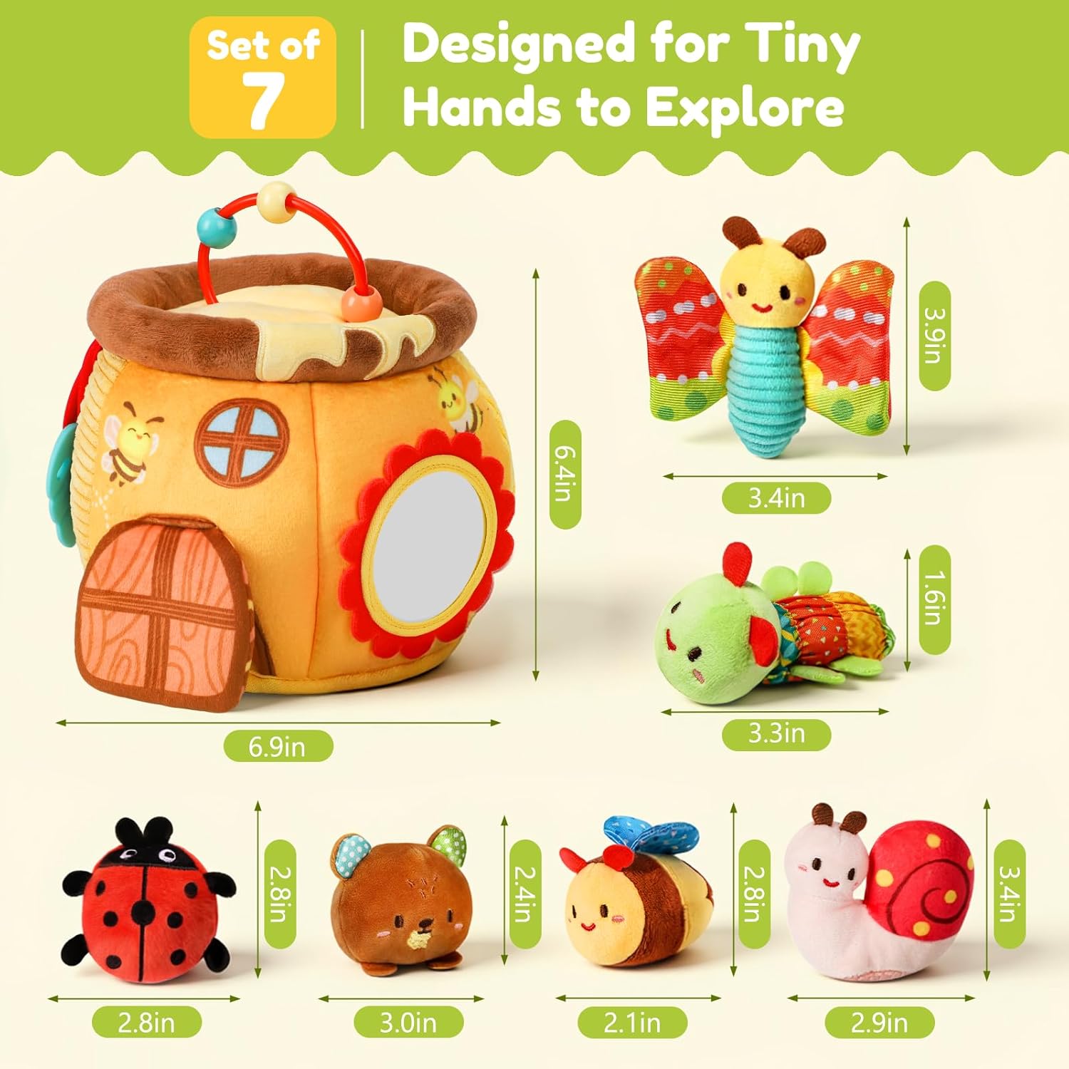 Baby Sensory Toys 6-12 Months, Soft Honey Jar with 6 Sensory Stuffed Animals, Montessori Toys for 1 Year Old with Rattle, Crinkle Squeaker Mirror Infant Tummy Time Toys, Toddler Baby Gifts
