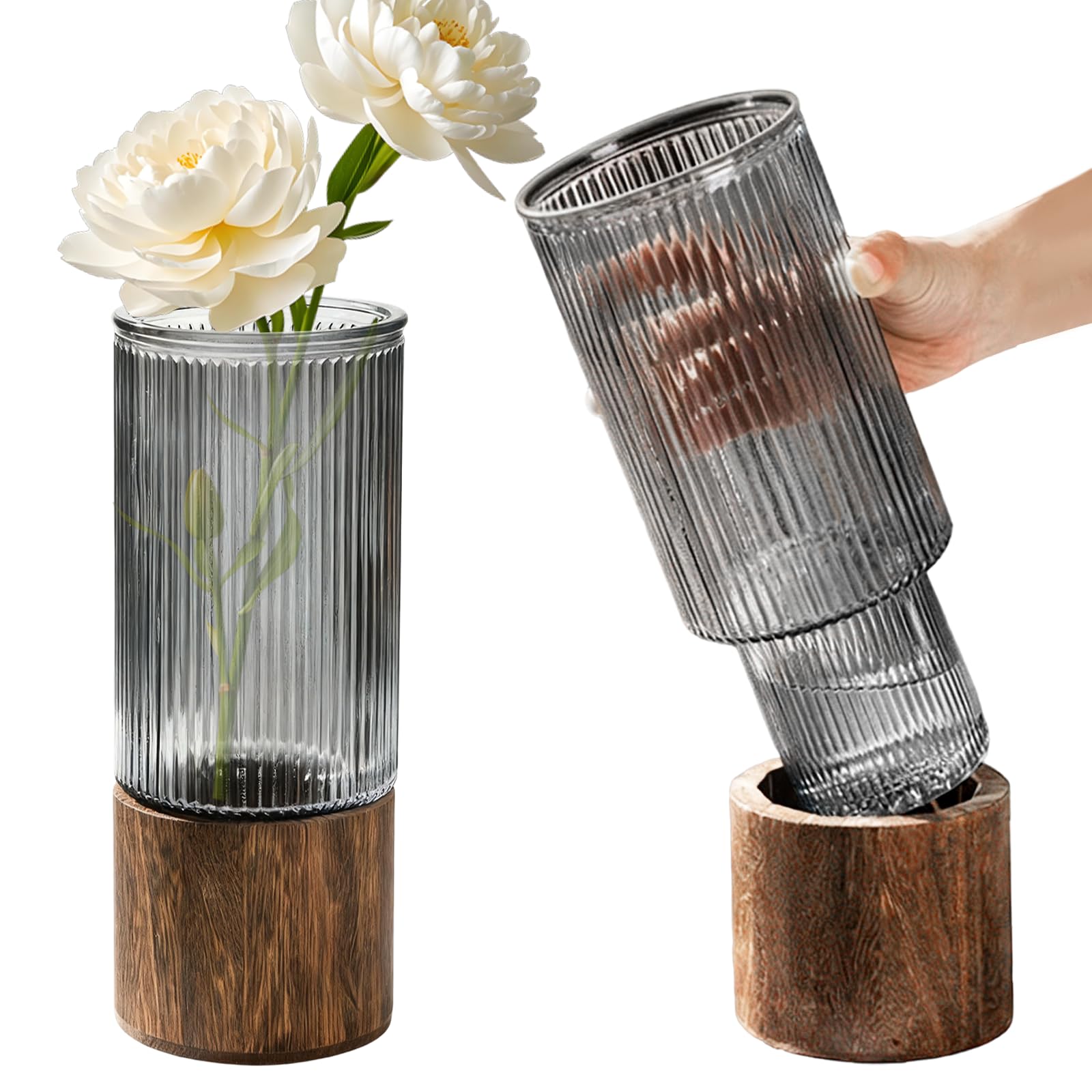 Eidoct Grey Ribbed Artistic Wood Glass Cylindrical Grey Flower Vase With Wooden Base Plant Vases For Pampas Grass Dried Flowers, Classic Boho Rustic Style For Wedding Home Decor Table Centerpieces (Grey Ribbed)