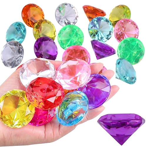 Ezydka 30 Pcs Gemstones for Kids 30mm Large Acrylic Diamond Gems Jewels, Diamond Gemstone Fake Plastic Gems for Pirate Treasure Chest Hunt Toy, Diving Teaching, Party