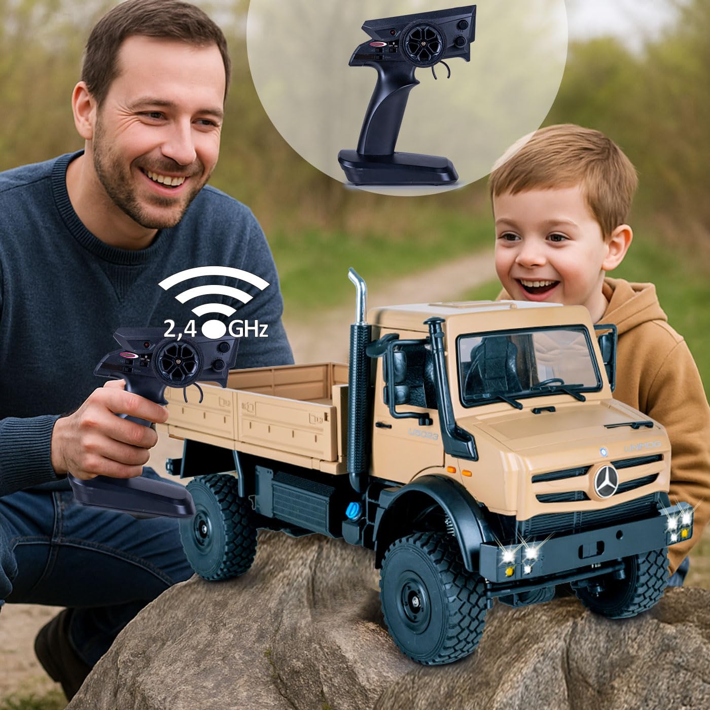 JAMARA 408310 Mercedes-Benz Unimog U5023 1:14 2,4 GHz – samochód RC Car, zdalnie sterowana ciężarówka, Crawler RC, Toy Kids, pomysł na prezent, ręczne otwieranie/zamykanie drzwi, napęd na 4 koła