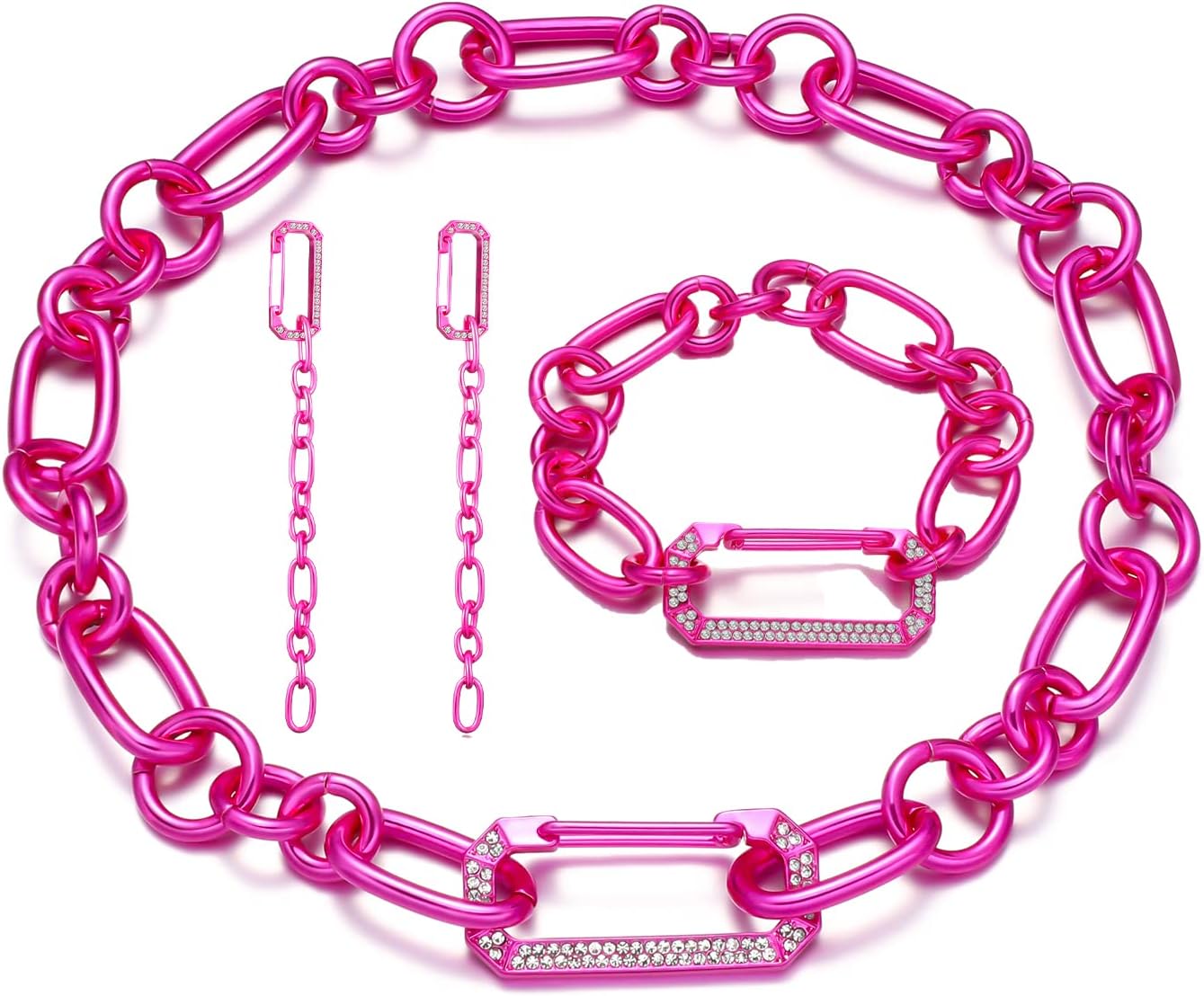 DonabusStatement Jewelry-set Dopamine Brights Electroplated Pink Diamante Partywear Chunky Chain Bracelet Necklace+Earring Set, Copper, glass stones