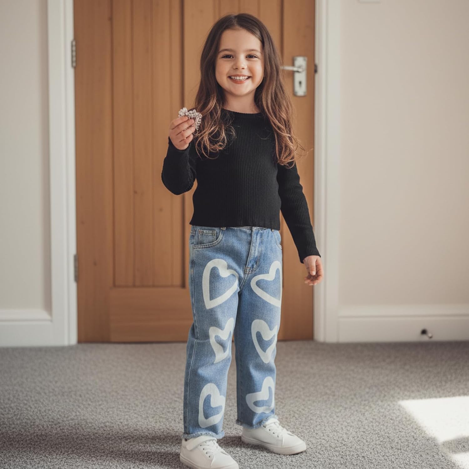 Toddler Girls Clothes 2T 3T 4T 5T 6T Ribbed Baby Kids Girl Denim Outfits Long Sleeve Tops Love Hearts Jeans Pant - Image 2