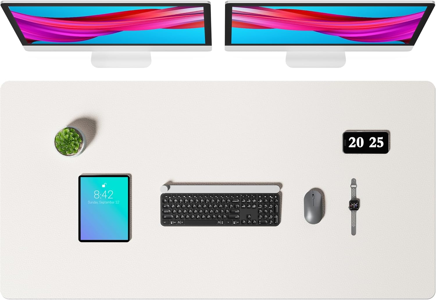 Aothia Faux Leather Desk Mat – Large Mouse Pad, Non-Slip PU Leather Blotter, Waterproof Writing Surface for Office and Home (Off-White, 47.2" x 23.6") 47.2" x 23.6" Off-white