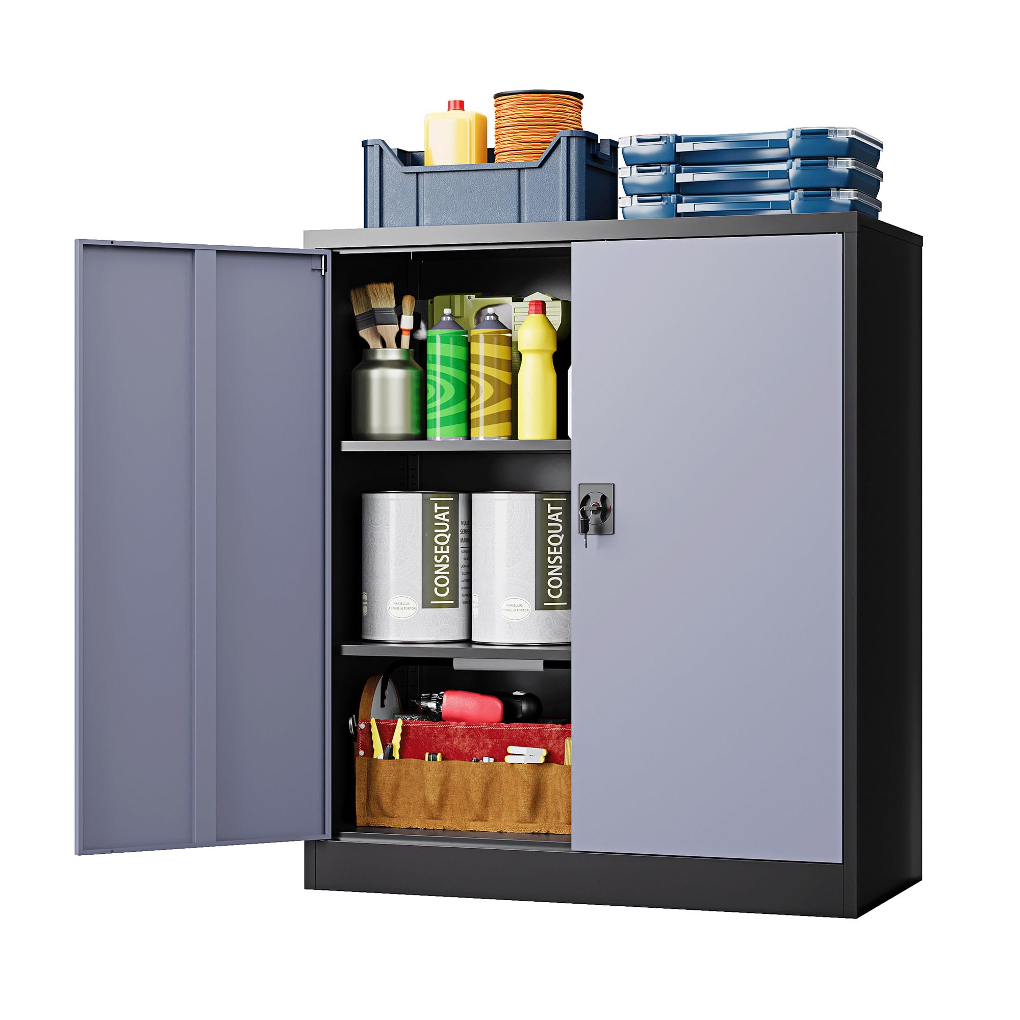 LISSIMO Metal Storage Cabinet,Locking File Cabinet with Doors and Adjustbale Shelves,Tool Steel Cabinets for Garage,Home Office,School,Gym(Grey &