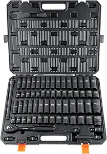 VEVOR 1/2" Drive Impact Socket Set, 65 Piece SAE 3/8" to 1-1/4" and Metric 10-24mm, 6 Point Cr-V Alloy Steel for Auto Repair, Easy-to-Read Size Markings, Rugged Construction, Storage Case