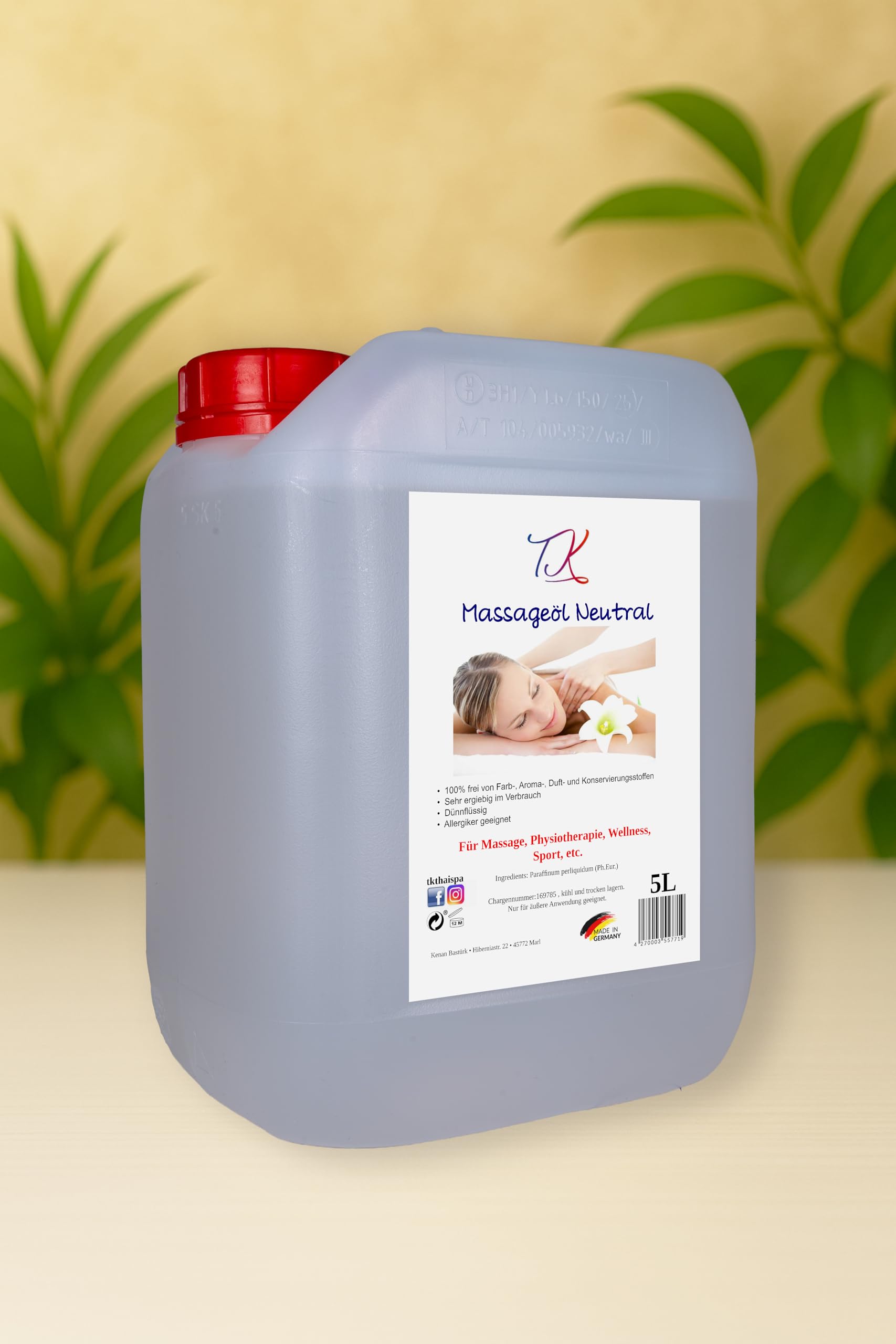 5L Massageöl Neutral für Massage, Wellness, Physiotherapie, SPA. Pharm. Qualität DAB/Ph. Eur.