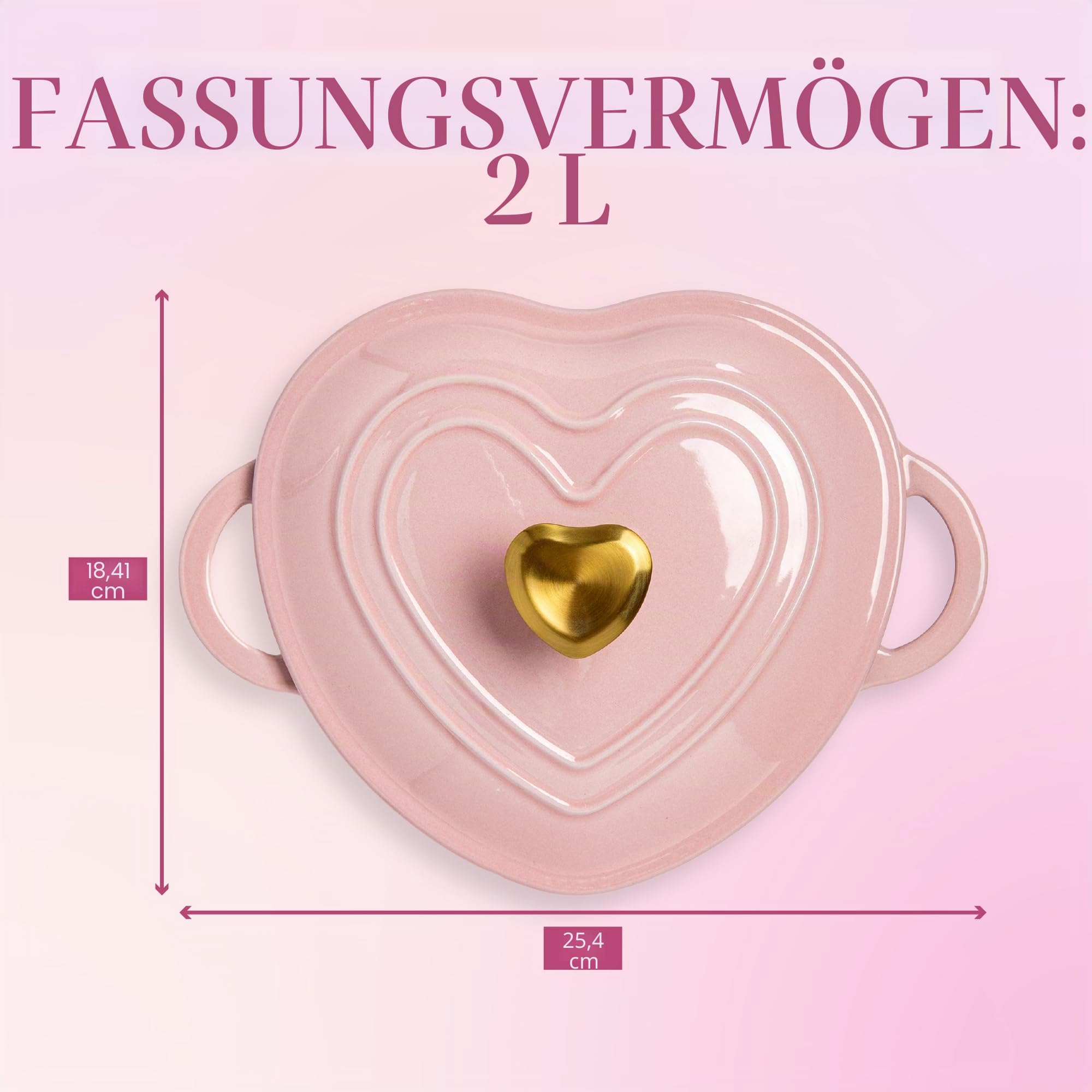 Paris Hilton Schmortopf aus emailliertem Gusseisen, herzförmig, mit Deckel, Doppelgriffe, funktioniert auf allen Herdplatten, ofenfest bis 260 °C, 2 Viertel, Rosa