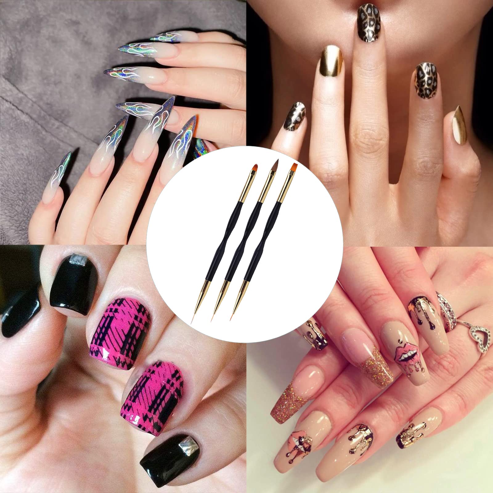 Pennelli per Unghie [3 Pack], Pennelli per Nail Art Professionali, Manicure Kit, Pennelli Smalto, Pennello per Unghie Acrilico Per Decorazioni Unghie (Nero)