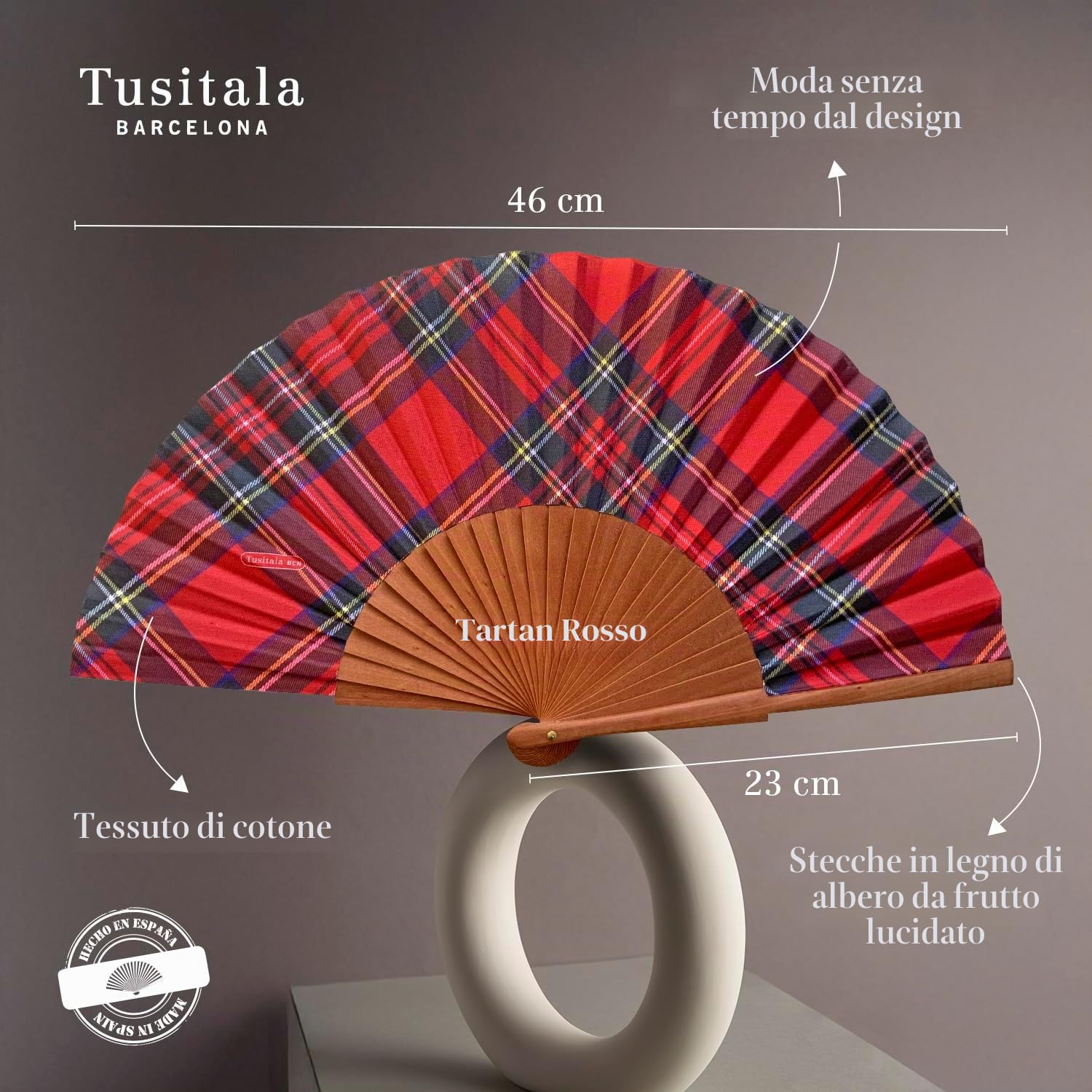 Ventaglio spagnolo Espiga Marrón - Legno e cotone - 23 cm - Custodia in yute natural - Accessorio moda - Fatto a mano in Spagna - Eventi e regali - La nostra collezione classica - Tusitala Barcelona