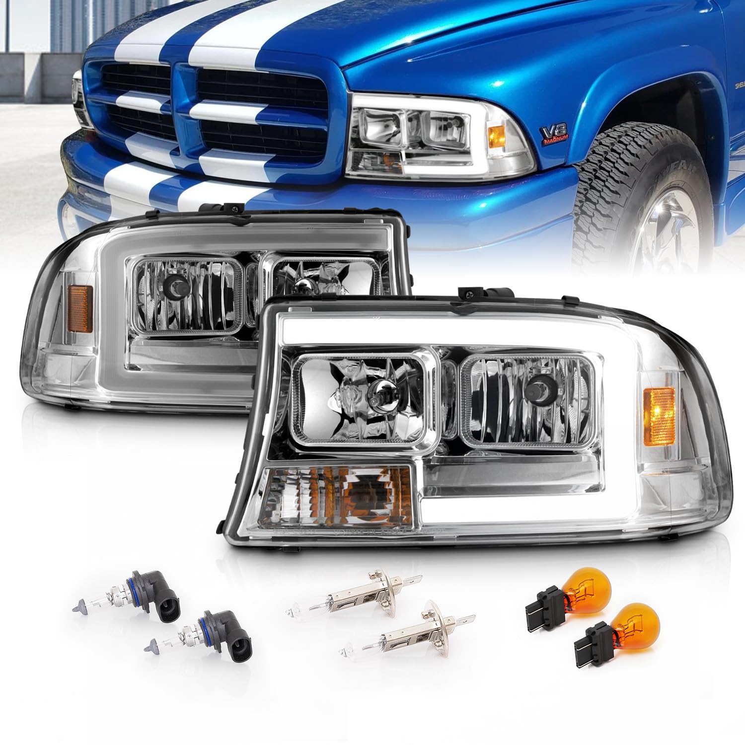 AmeriLitefor Dodge 1997-2004 Dakota / 98-03 Durango C-Type LED Tube Chrome Replacement Headlight Set - Passenger and Driver Side