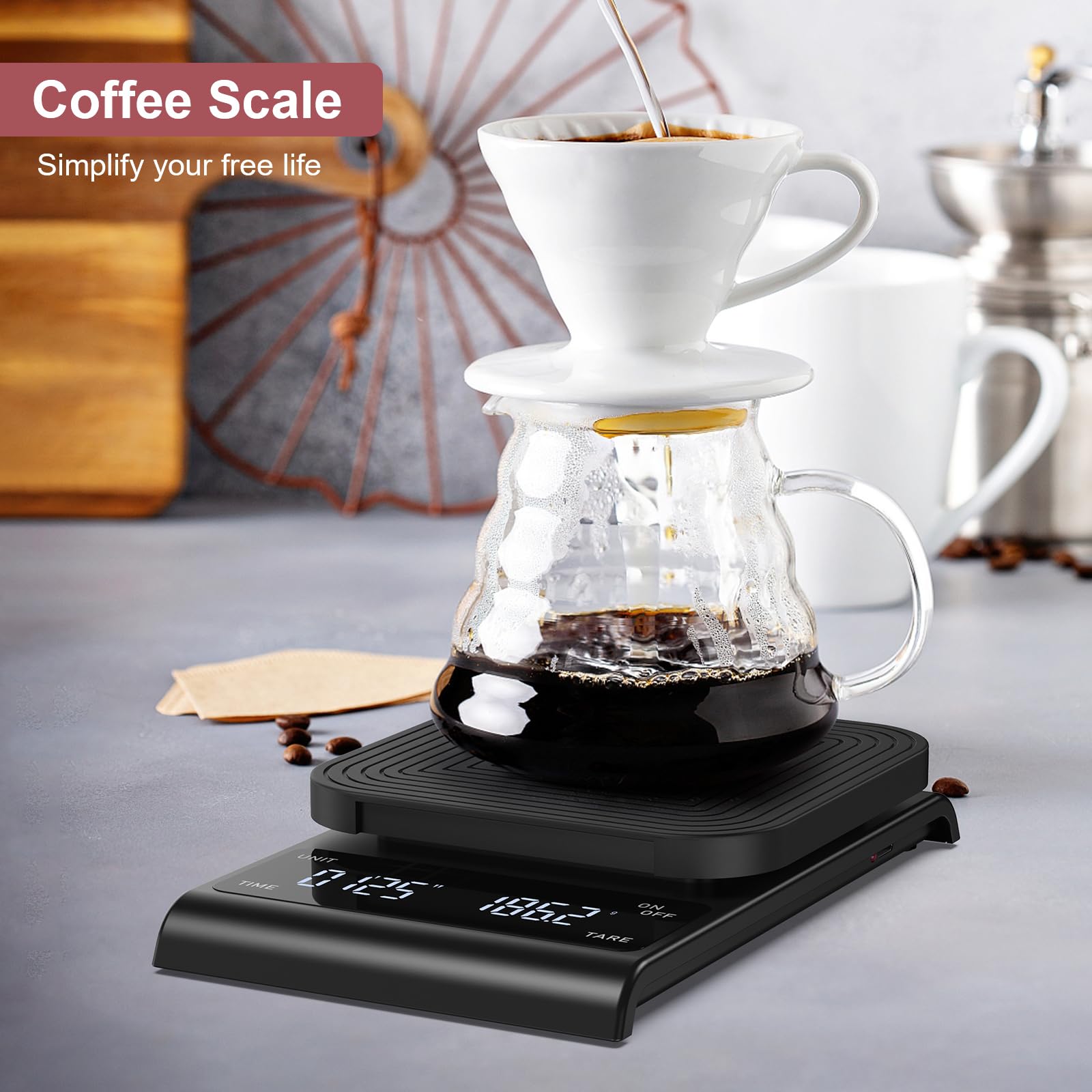 LOFICOPER Coffee Scale with Timer, Rechargeable Espresso Scale with Timer, 3kg/0.1g Pour Over Coffee Scale, Precision Kitchen Scale with Tare, Touch Button, Measures in g/oz/ml, Batteries Included
