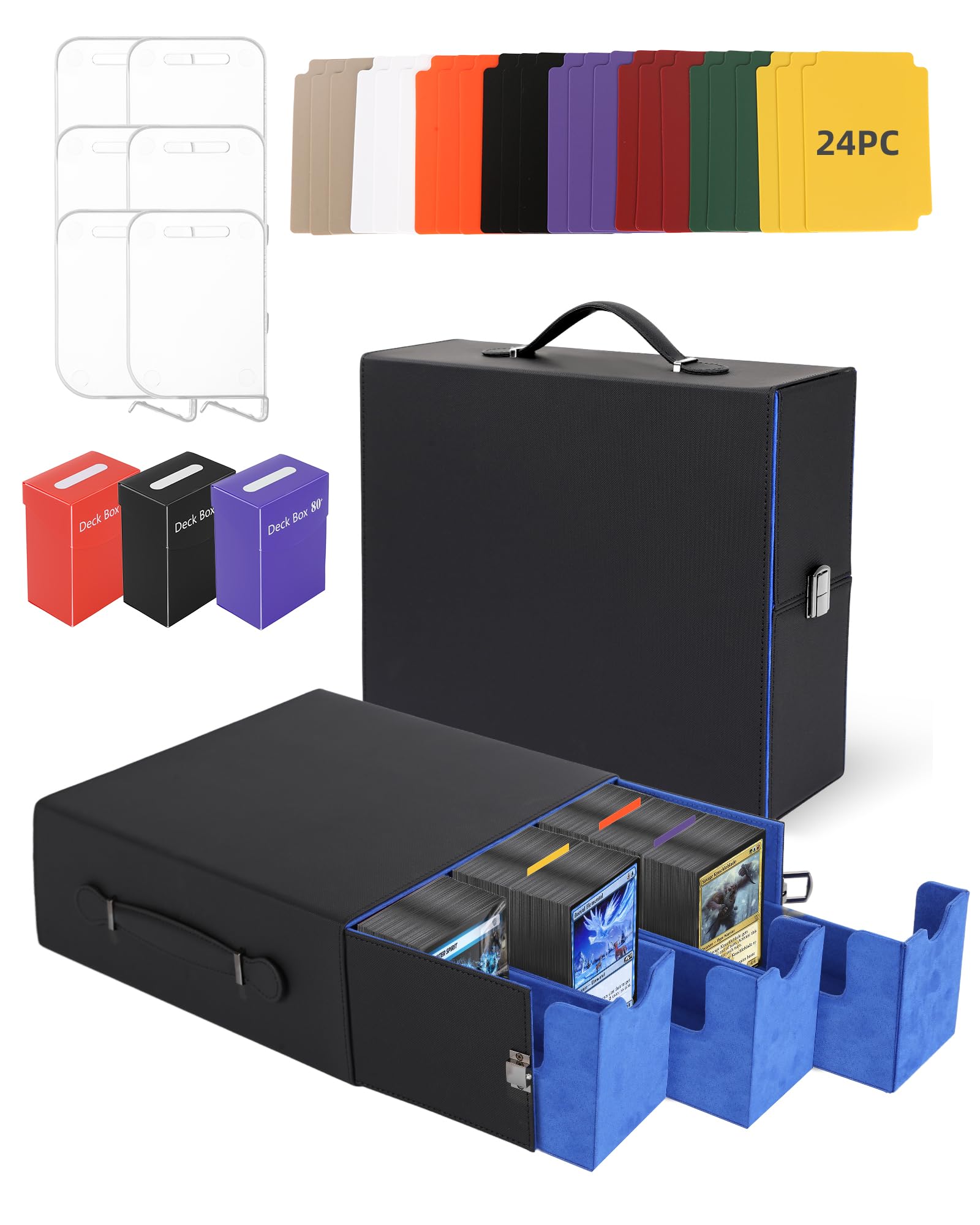 Heypappy Deck box 2400+ Boîte à Cartes,Boîte de Rangement Cartes, Similicuir PU - 3 Étuis PP, Poignée, 24 Intercalaires Colorées + 6 Séparateurs - Compatible MTG, Sports (Noir & Bleu)