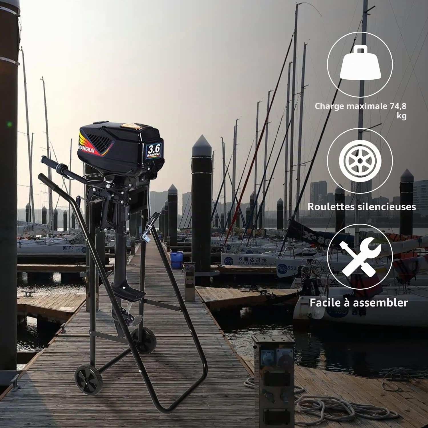 Nisorpa Support de moteur hors-bord pliable - Capacité de charge de 75 kg - Support de chariot hors-bord en métal - Porte-moteur de bateau pour moteurs à arbre long et court