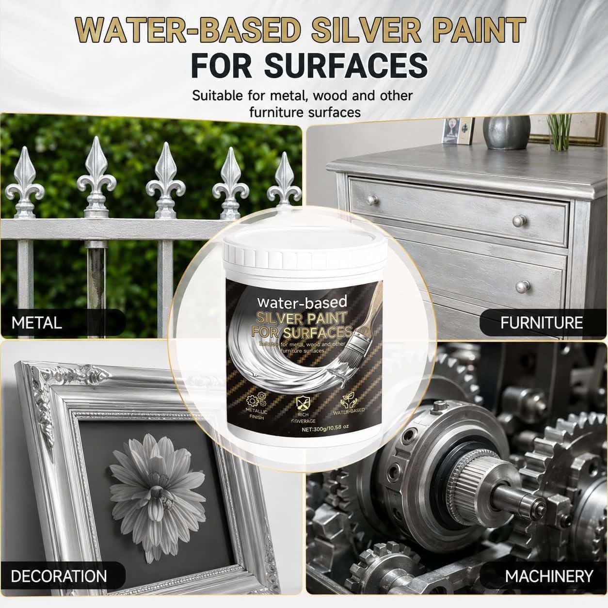 Pintura plateada a base de agua para metal, madera y piedra; revestimiento multisuperficie para muebles y decoración; pintura de cobertura suave para proyectos de renovación (DIY), 300 g (2Piezas)