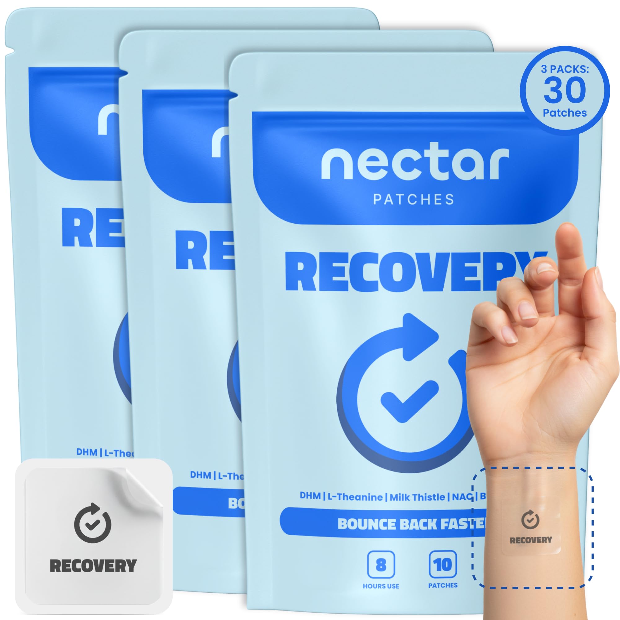 Nectar Recovery Patches | DHM, L-Theanine, Milk Thistle Replenishment &amp; Hydration Support | Night Out Recovery Support for Adults | Travel-Friendly Vitamin Patch Kit | Party Kit Supplies | 30 Count
