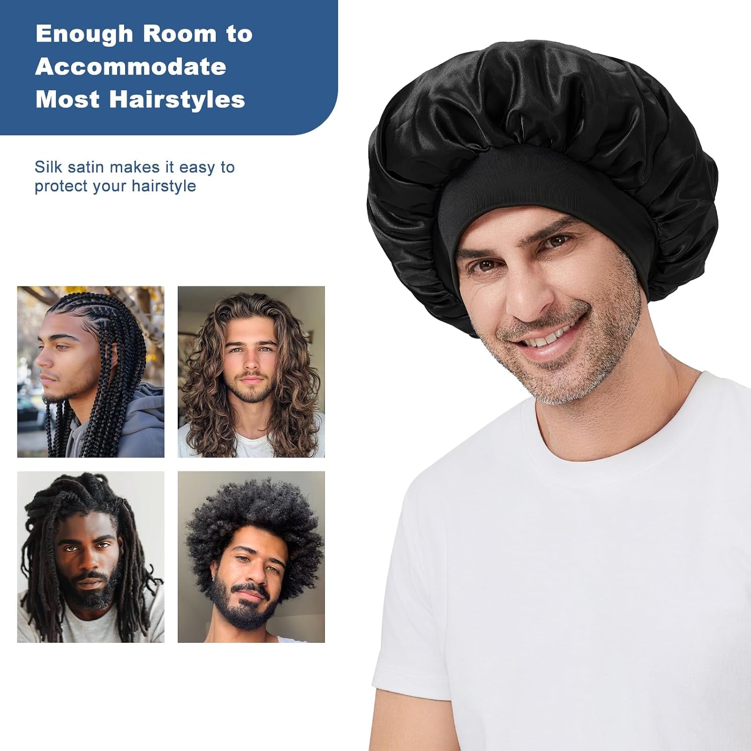 Selalu Bonnet for Men, Double Layer Hair Bonnet for Sleeping | Adjustable Sleep Bonnet with Elastic Band, Silk Satin Bonnets for Curly Hair Braids, Black thumbnail