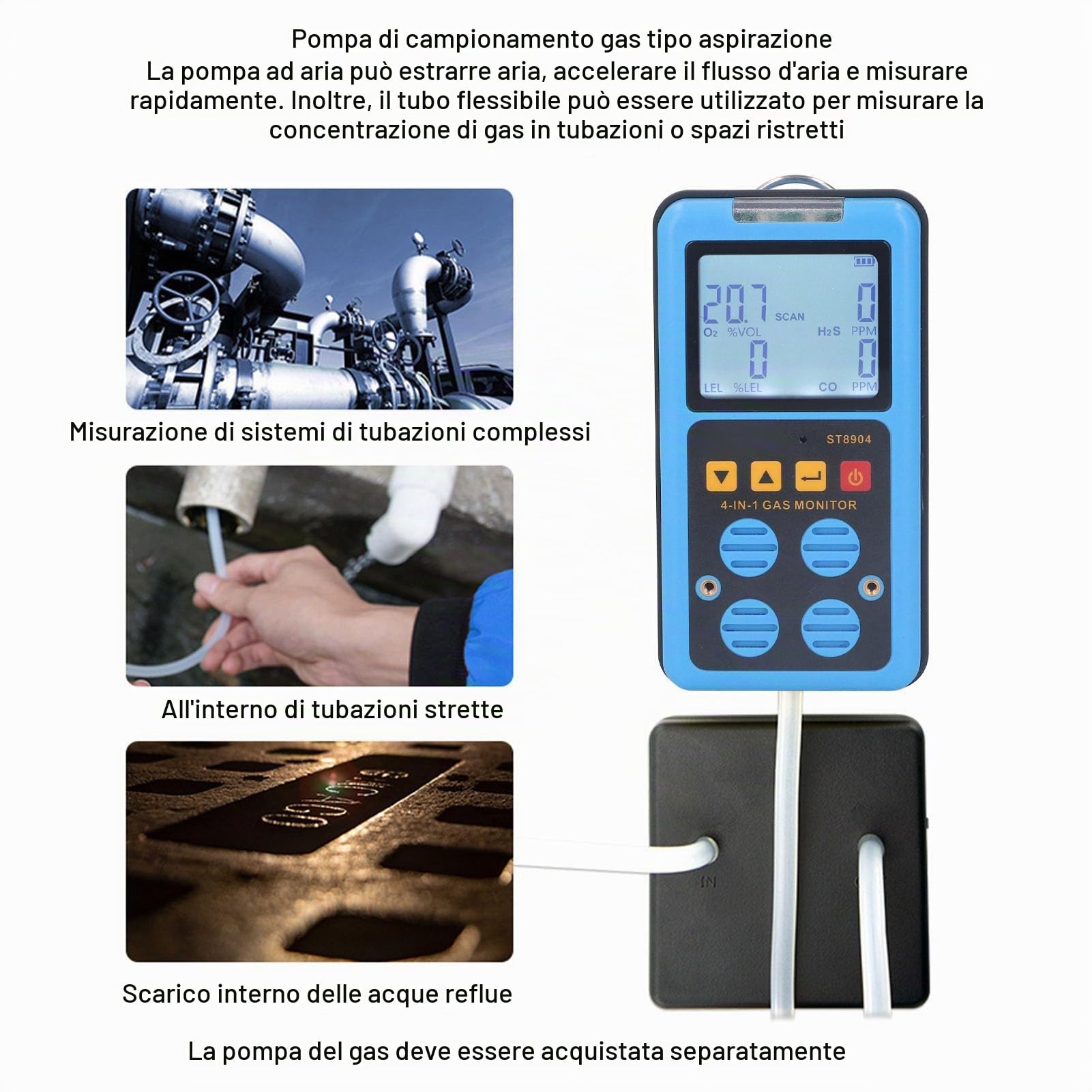 Rilevatore Gas 4 in 1 Portatile, Monitor Multigas CO H2S O2 CH4, Alta Sensibilità con Display Retroilluminato, Allarme Sonoro/Vibrazione/Luce, Ricaricabile USB per Industria e Laboratorio