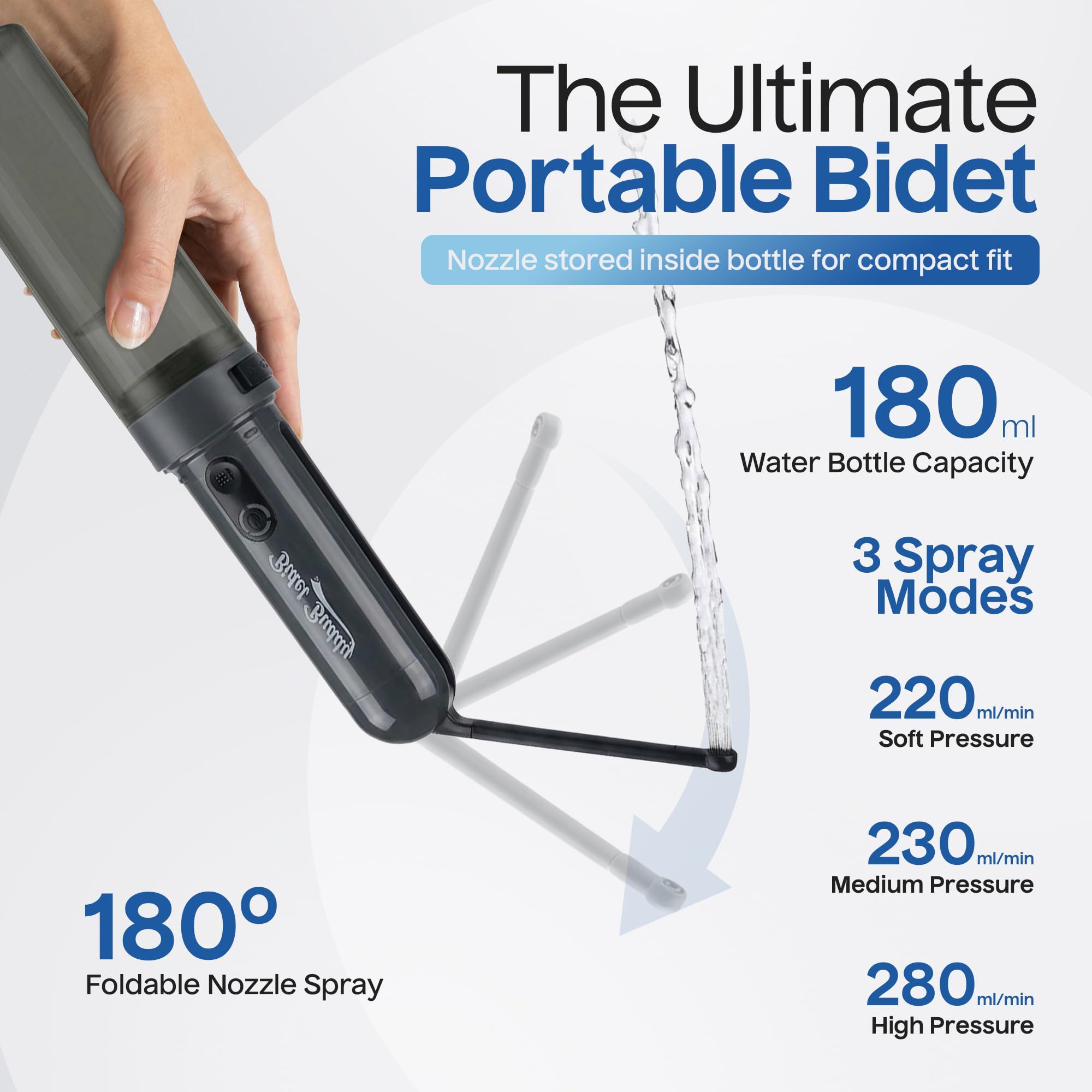 BIDET BUDDY® GoFlow Bidet portatile da viaggio | Flusso 280 ml/min | Batteria 800 mAh | Bottiglia da 180 ml | Impermeabile IPX7 | Ricarica USB-C | Tascabile e flessibile con pressione media (grigio)