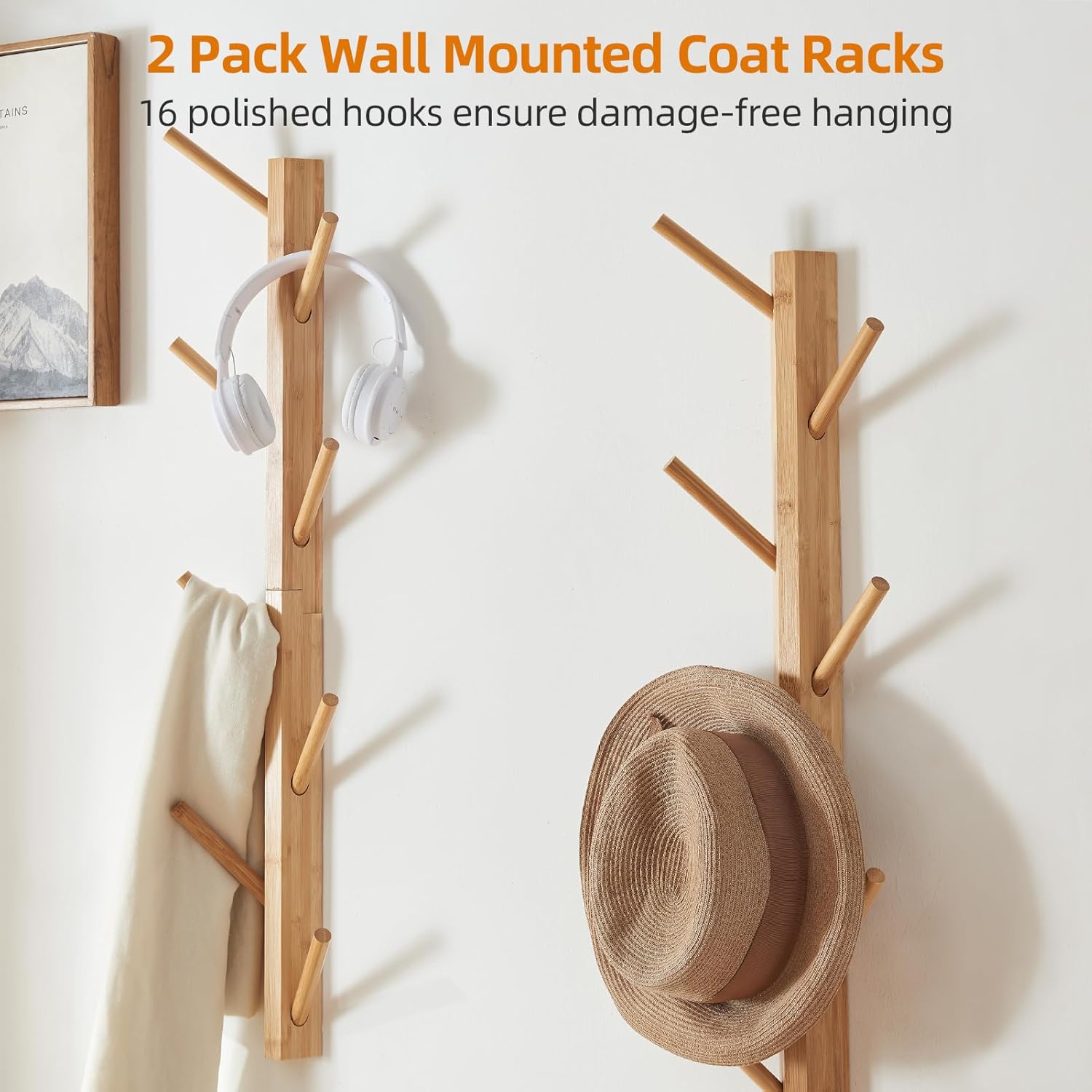 2 Pack Coat Rack Vertical Wall Mount, Bamboo Coats Hooks Clothes Holder Hanger for Wall Coat Hat Jacket Clothing Bathroom Robes Mudroom Entryway(Natural) - Image 4