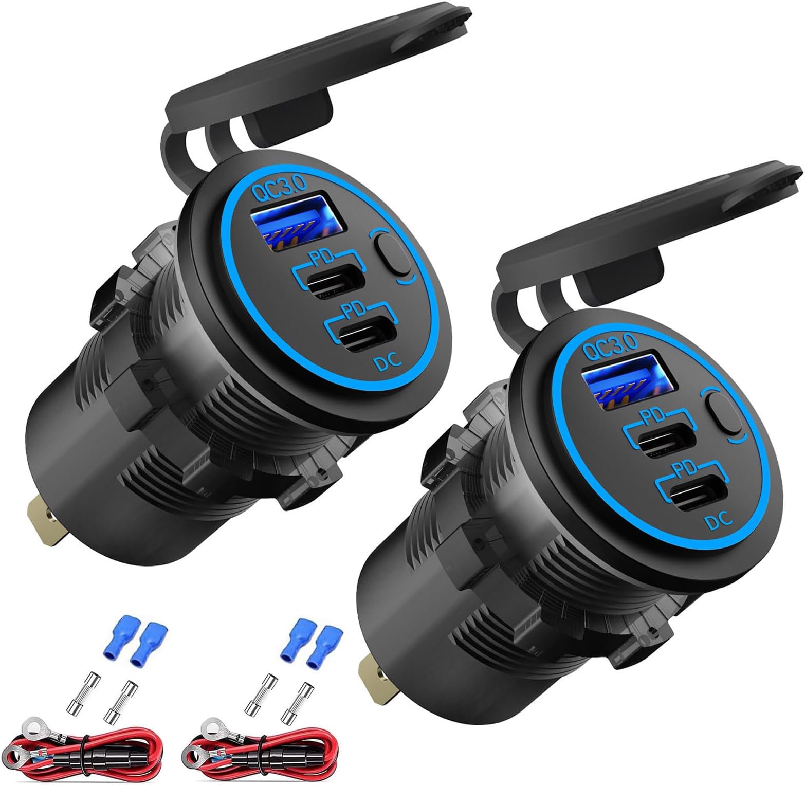 2 Pack 12V USB Outlet Wired Charger Multi Port, Dual PD3.0 USB-C and Quick Charge 3.0 Car Port Socket with Power Switch, Fast Charger for Cell Phone Tablet, Suitable for Car Boat RV Marine ATV
