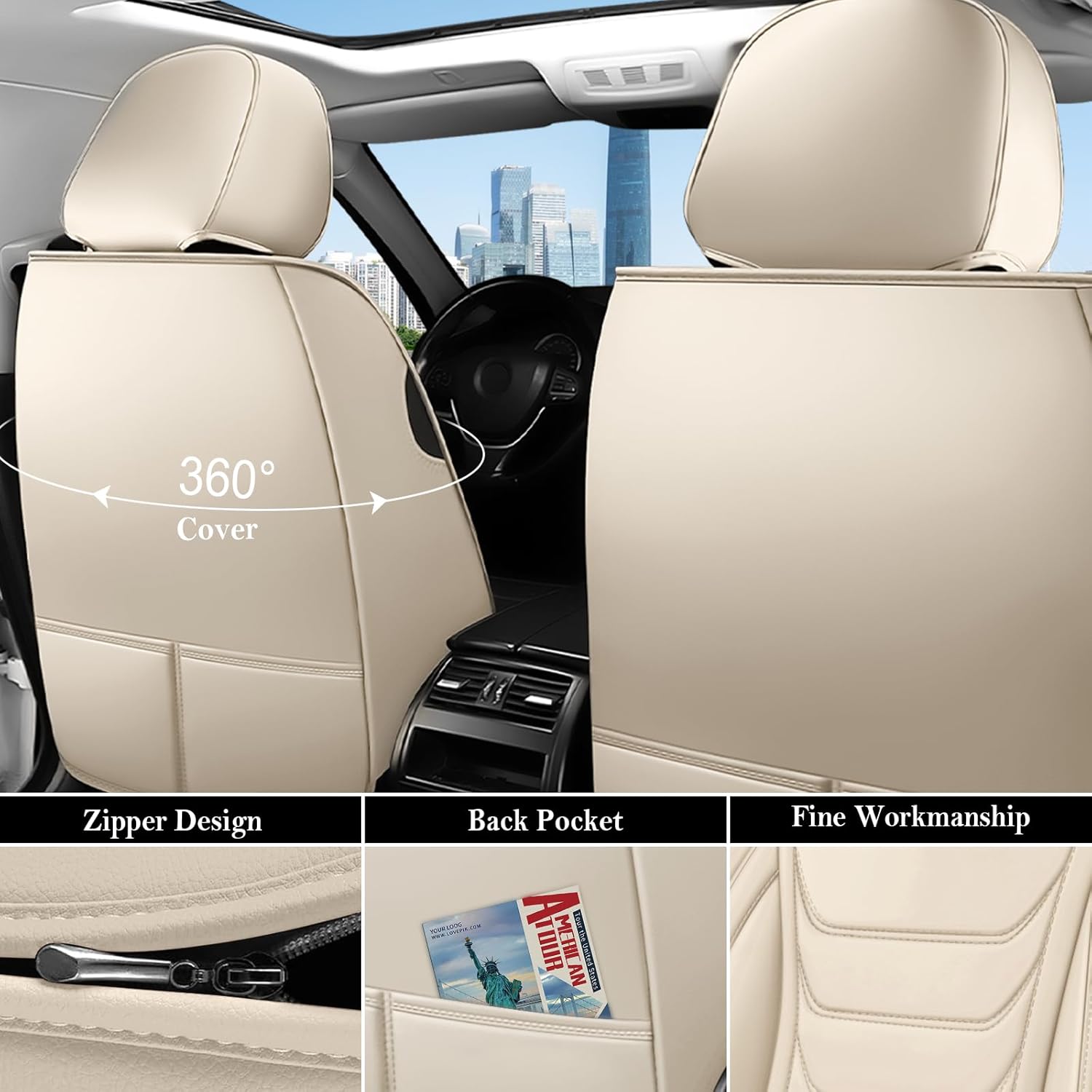Seat Covers Full Set for Toyota Camry 2015-2025, Comfortable Waterproof Nappa Leather Protector, Airbag Compatible Interior Accessories (Beige)