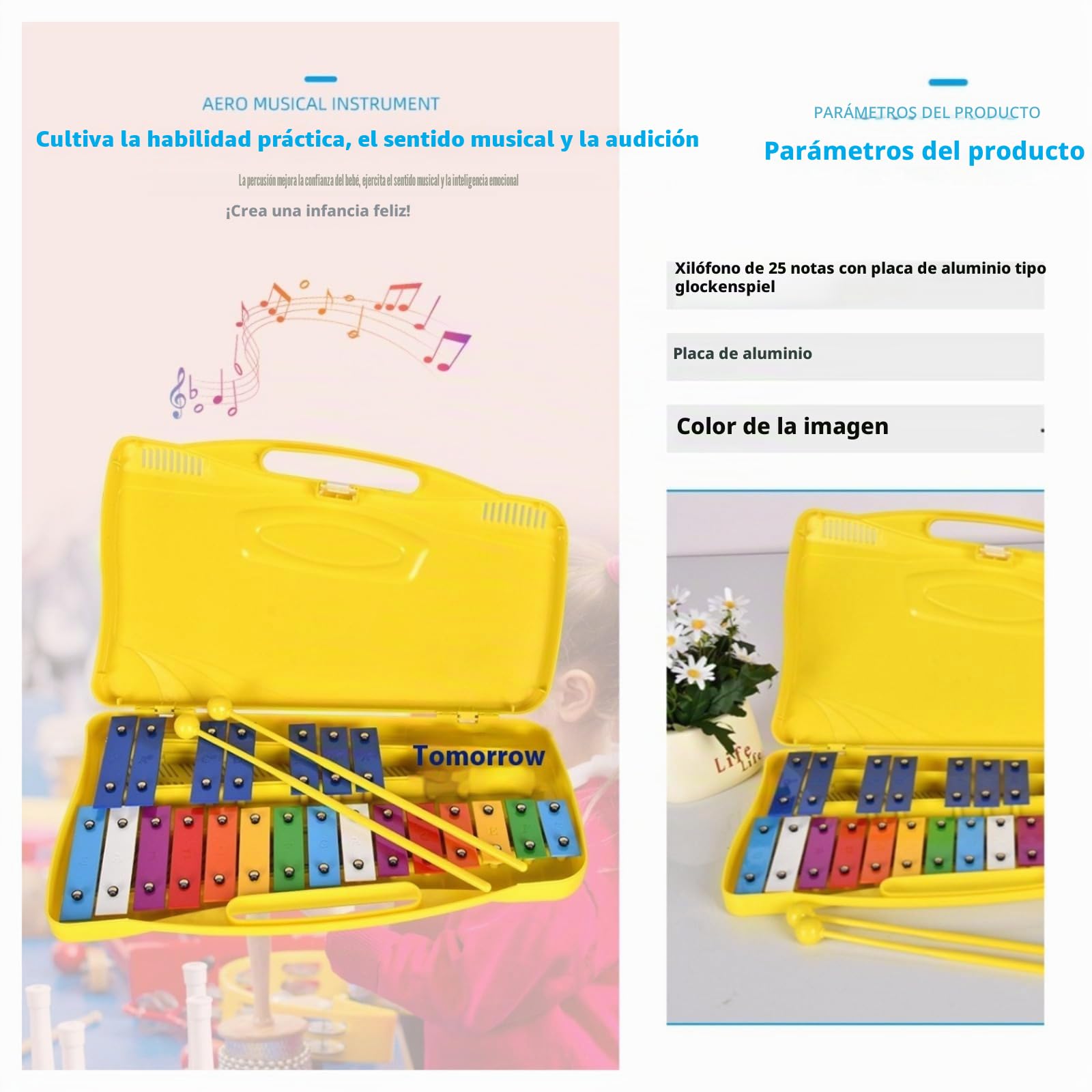 Xilófono Glockenspiel Metalófono 25 Teclas Metálicas Instrumento ，musical de placa de aluminio de 25 tonos, percusionado a mano， con Estuche Amarillo ，Metalófono Percusión Manual