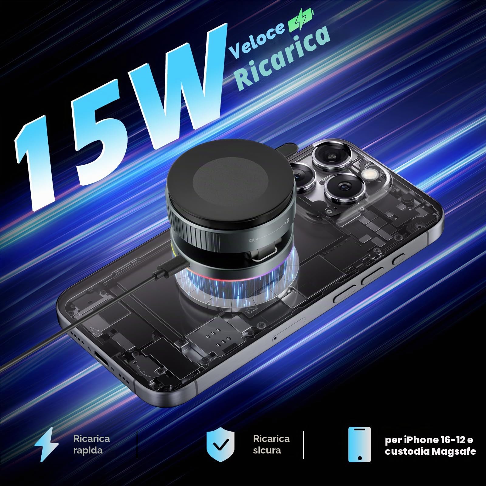 CloudValley per MagSafe Supporto Caricatore per Auto, Ricarica Wireless Rapida 15W e Ventosa a Vuoto Rotante 360°, Supporto Magnetico con Luce RGB per iPhone 17-12/Cruscotto/Parabrezza/schermo