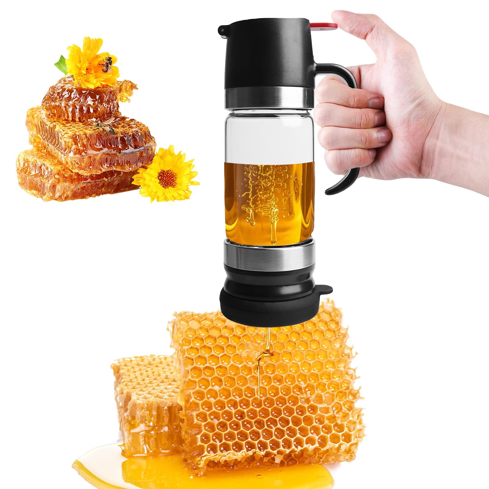 dispenser per miele senza gocciolamenti, in vetro: 300 ml, vasetto per miele con manico, erogatore per sciroppo, vasetti per miele rimovibili, vasetti per miele con coperchio superiore e