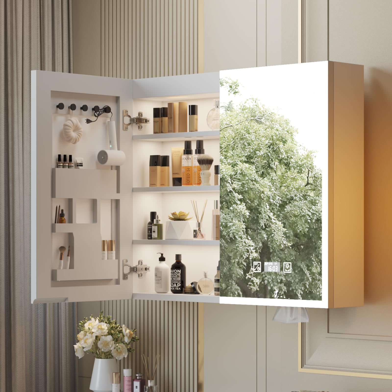 LEADZM LED Beleuchtetes Badezimmer Medizin Spiegel Kabinett Stufenloses | Stromausfallspeicher, Steckdosen & 2 USBs (80 x 70 m)