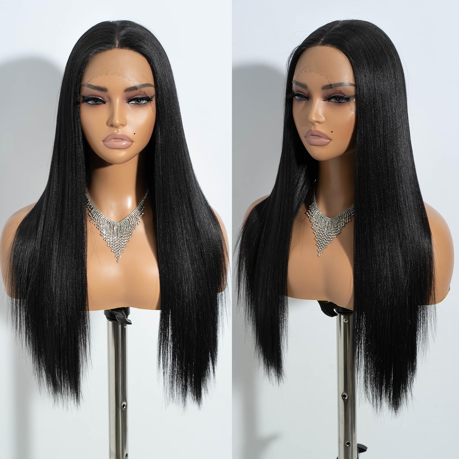Joedir Long Straight Free Parting Silk Base Lace Front Wigs with Baby Hair 13x4x4 Lace Frontal Wig 26 Inches High Temperature Synthetic Wigs for Women 180% Density Black Color