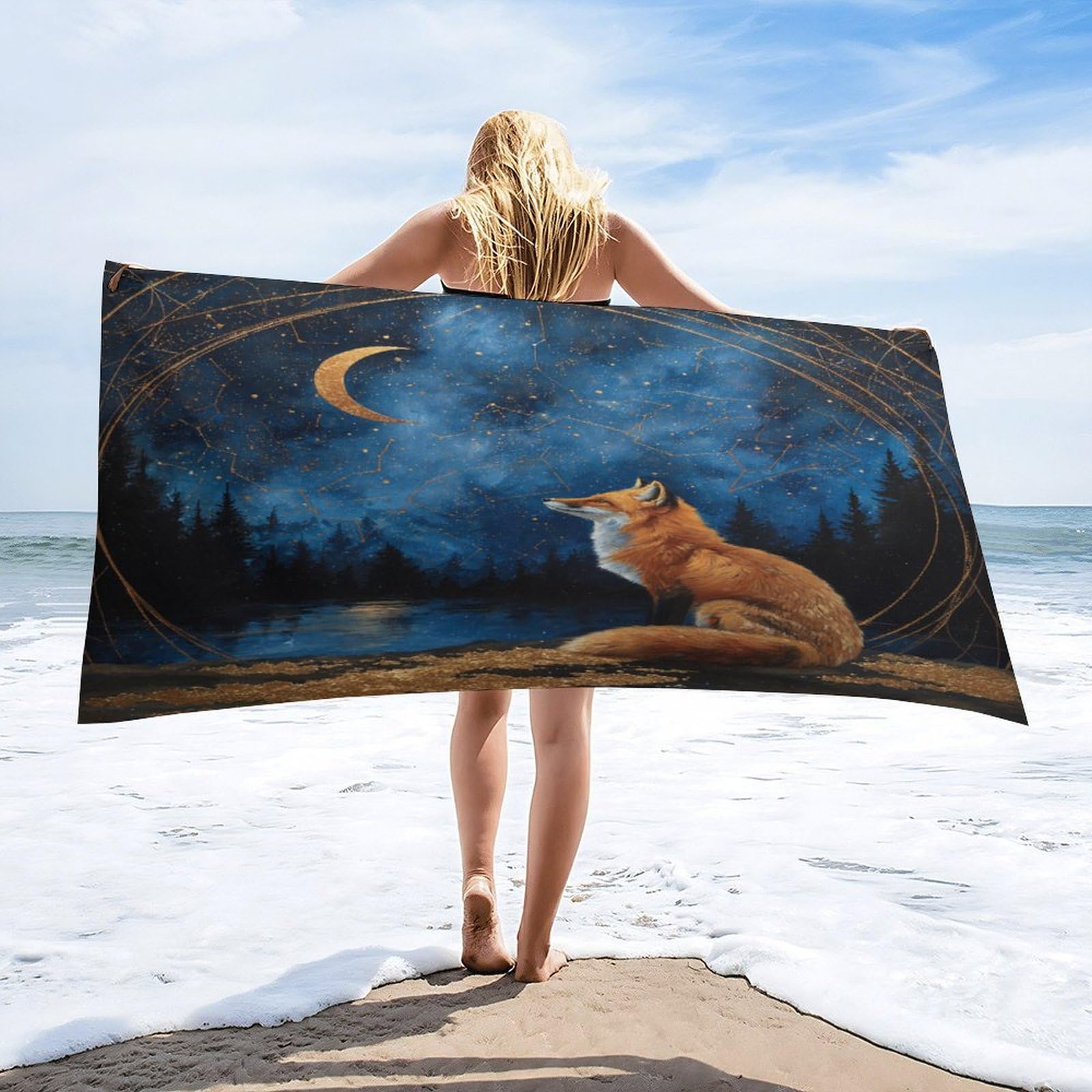 Luyysky Fantasy Abstract Elegant Fox Quick-Drying Beach Towel, Colorful Realistic Starry Sky Galaxy Pine Forest Animal Fox Travel Vacation Single Sided Pile Bathroom Towels-80 W Cm X 160" L Cm