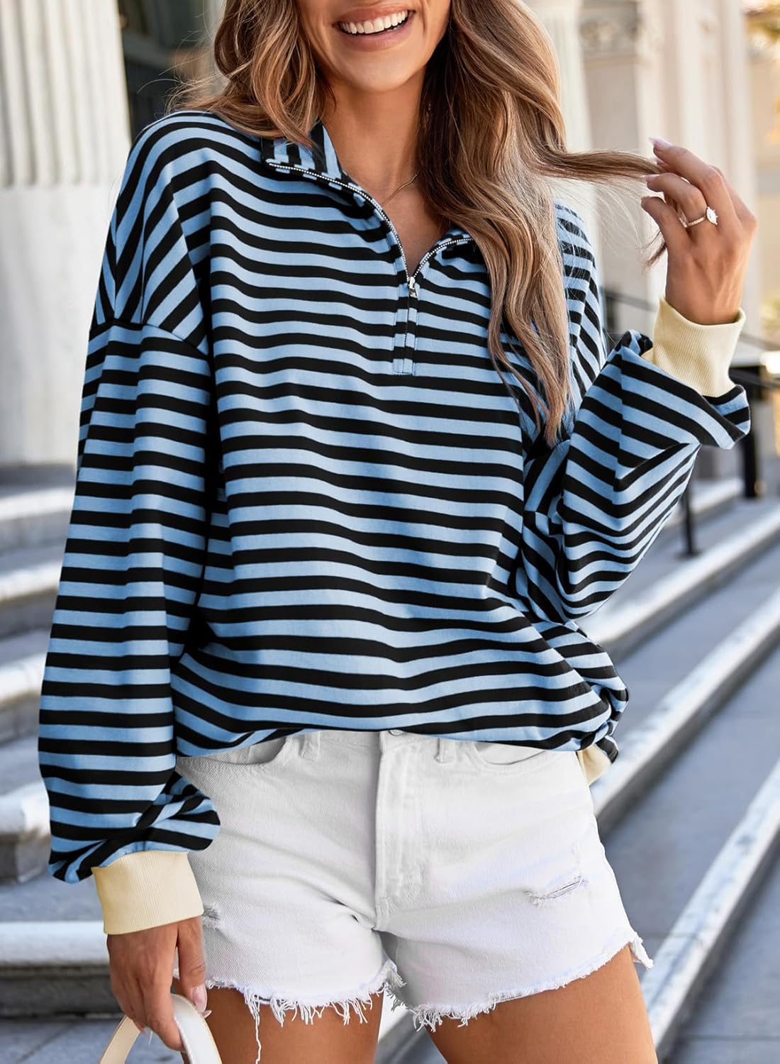EVALESS Oversized Sweatshirt for Women 2024 Fall Outfits Fashion Long Sleeve Shirts Striped Quarter Zip Pullover Tops - Image 5