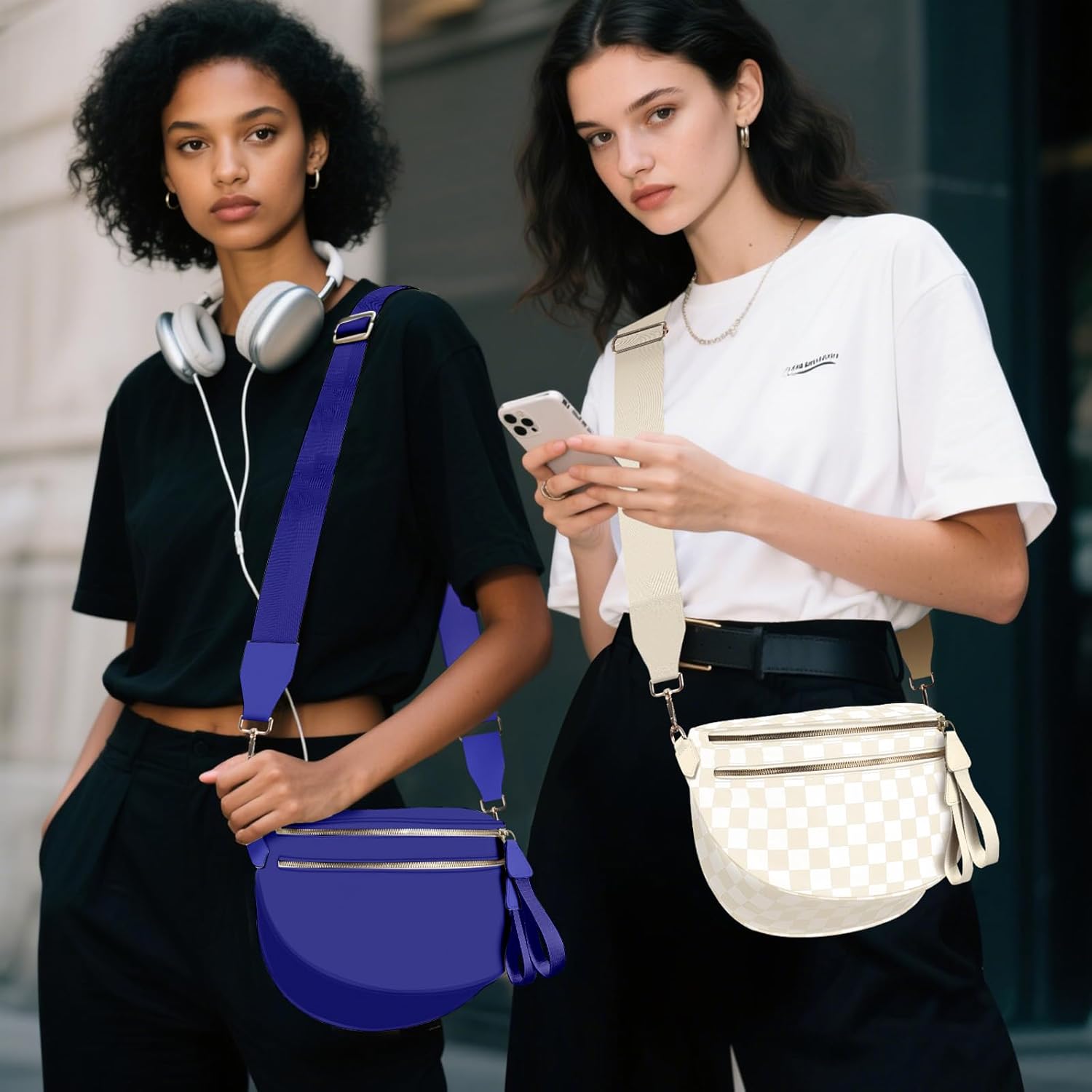 Checkered Crossbody Bag Bum Bags for Women Large Nylon Checkered Purse Fanny Packs Sling Bag, Bonus with a Extra Strap - Image 2