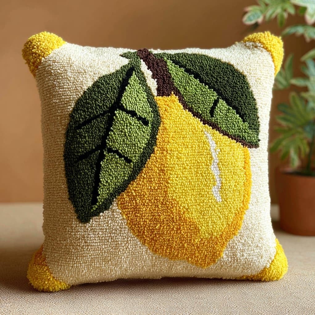 Henypt Latch Hook Pillow Craft Kit 43x43cm,Lemon 17x17 Inch,Complete Starter Kit with Tools and Yarn for Beginners & Craft Enthusiasts