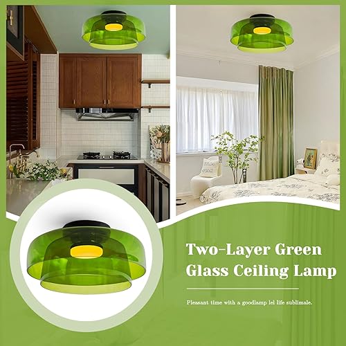 Miniatura 4 de Jowjut - Lámpara de techo de cristal verde para dormitorio, 1 luz, luces de montaje empotrado con pantalla de vidrio verde de 2 capas, lámparas de