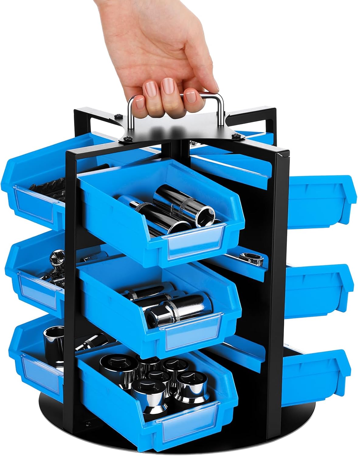 Geelin Rotating Storage Bins Tool Organizer 3 Tiers Hardware Crafts Small Parts, Nuts and Bolts, Revolving 12 Bins Storage for Workshop, Shed, Garage, Home(Blue)
