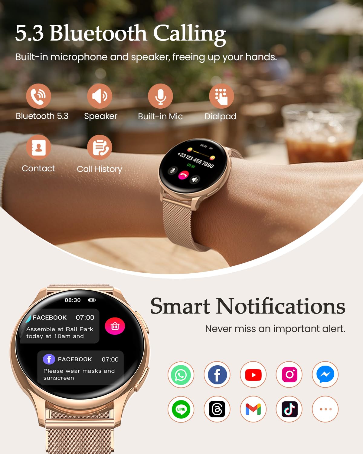 Smartwatch Damen, 1.27" HD Fitnessuhr mit Telefonfunktion, Menstruationszyklus, 120+ Sportmodi, 24H Pulsuhr, 24H SpO2, Schlafmonitor, Kalorien, Fitness Tracker, IP68 iOS Android Roségold