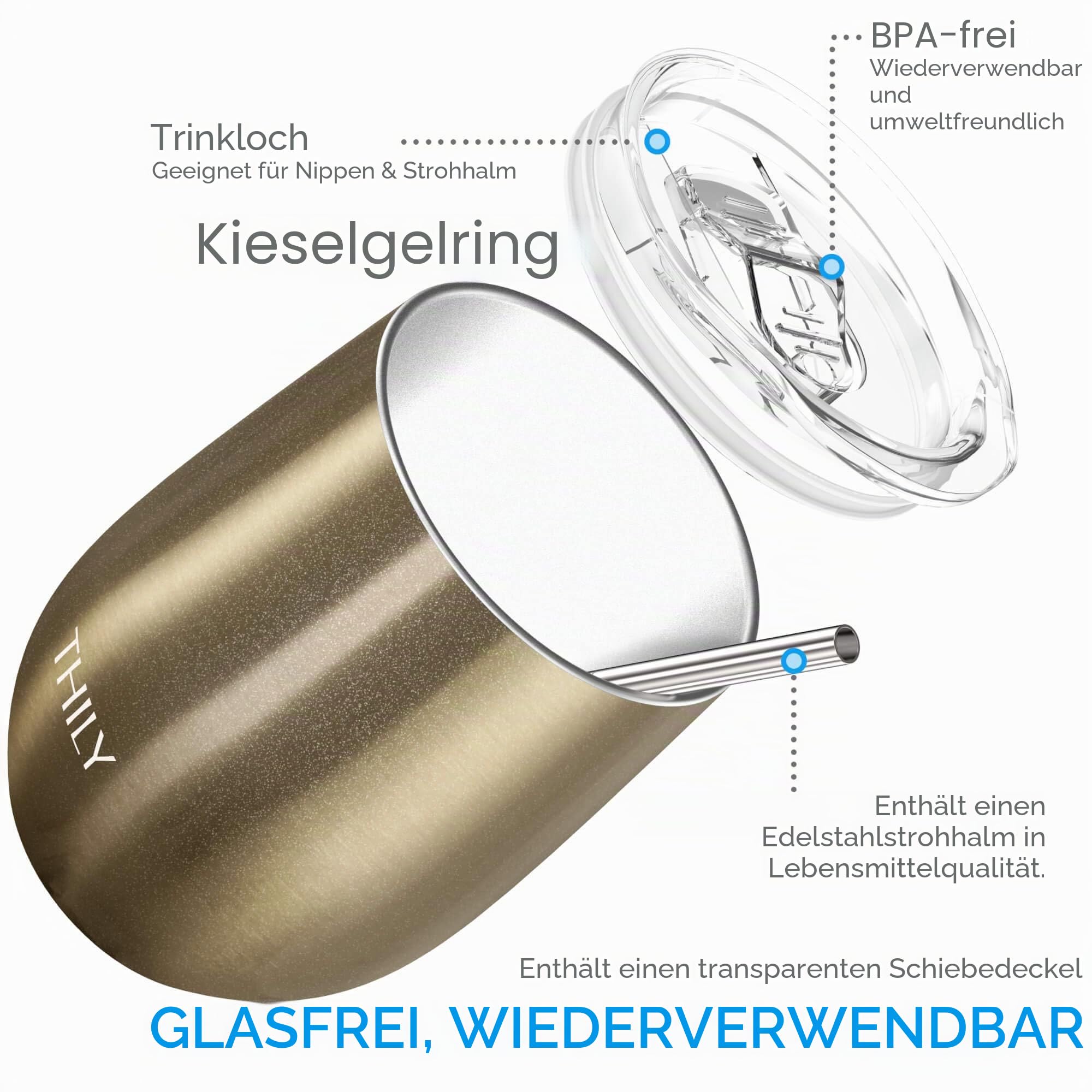 THILY Thermo-Weingläser, Edelstahl, 4 Stück, ohne Stiel, mit Deckel und Strohhalm, wiederverwendbar, BPA-frei, niedlicher Reisebecher für Kaffee, Cocktails, Urlaub und Geschenk, Champagner