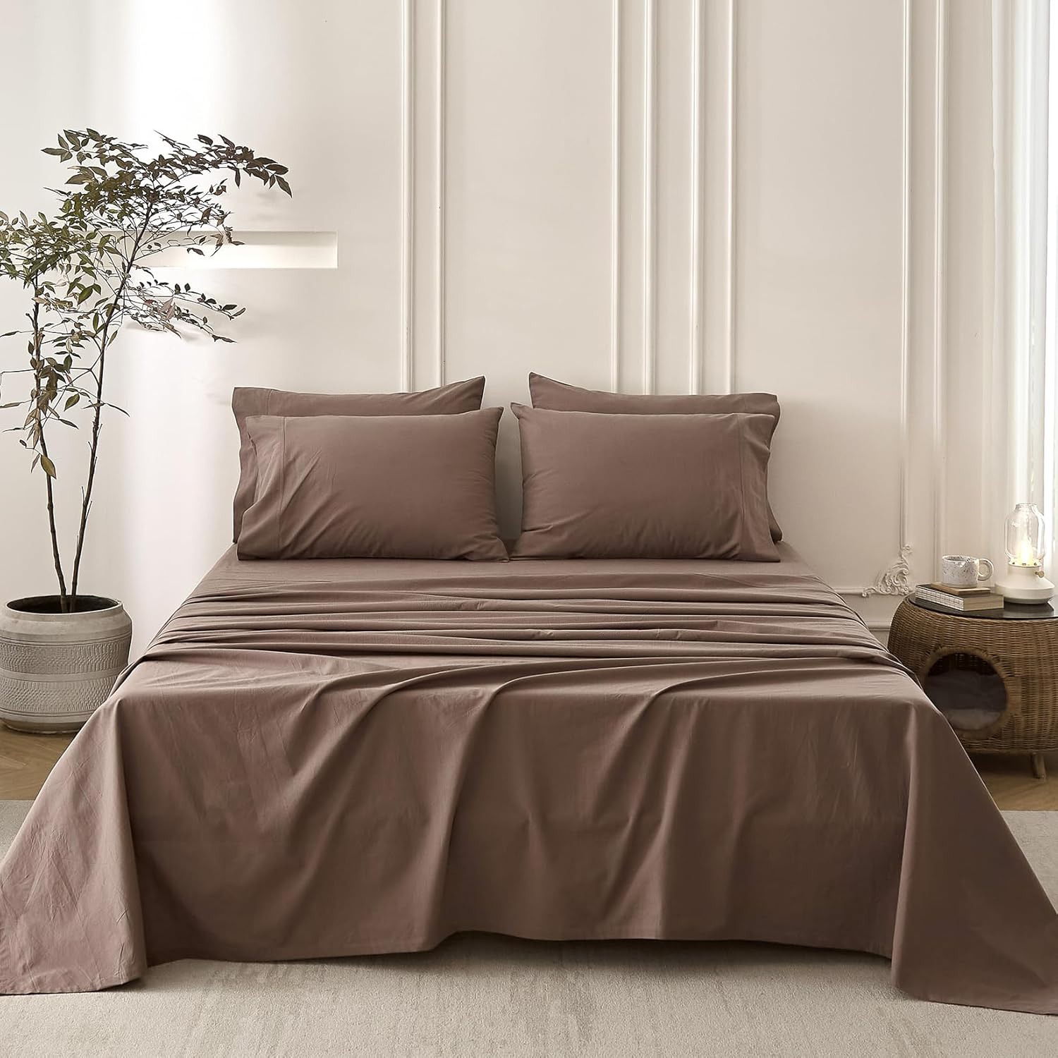 6PS Light Chocolate Brown Bedding Sets Linen Like Cotton Bed Set Oeko-TEX Standard 100% Washed Cotton Deep Pocket Queen Size Fitted Sheet Plus Cozy Flat Sheet and 4 Pillowcases