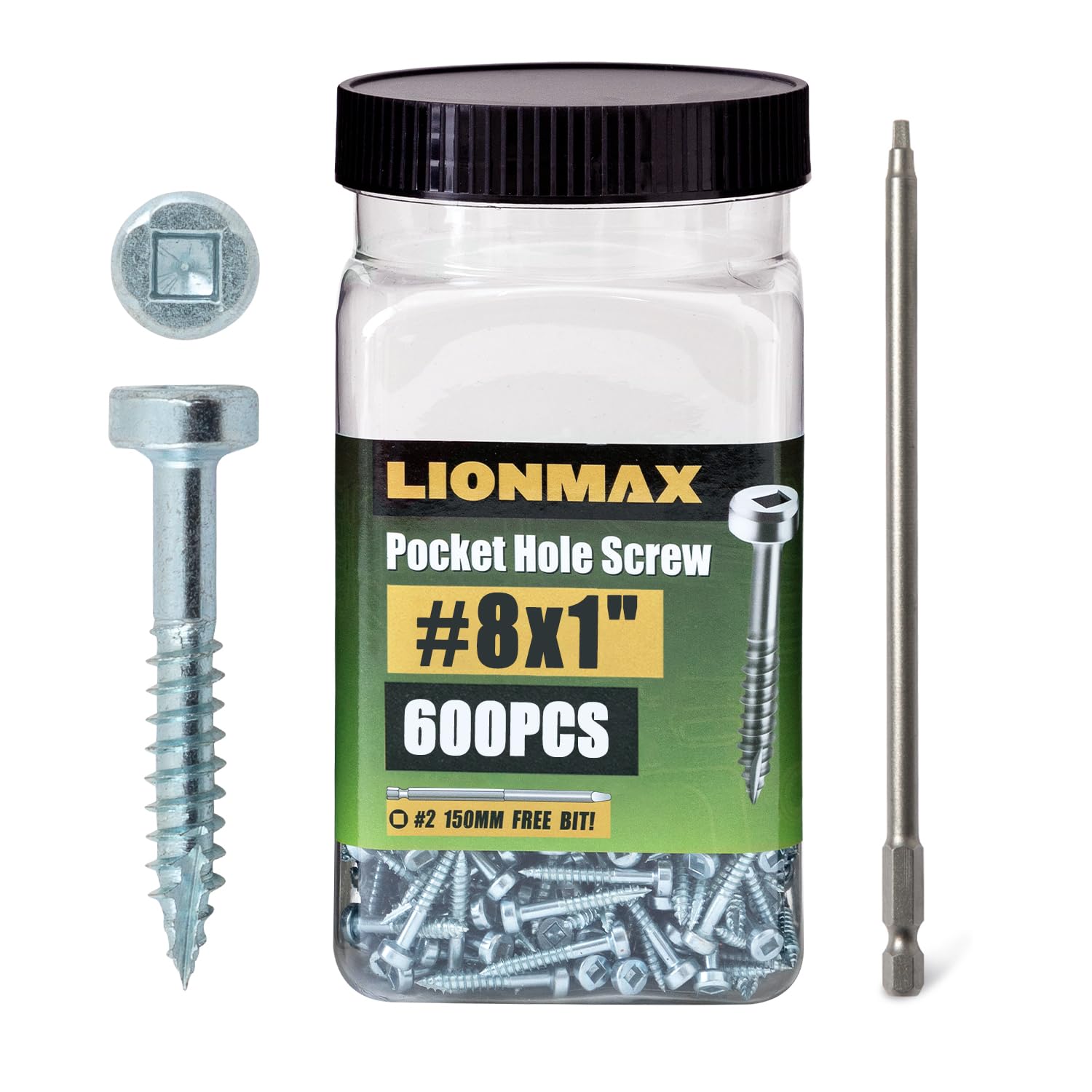 LIONMAX Tornillos de bolsillo #8 x 1 pulgada de rosca fina, 600 tornillos de agujero de bolsillo, cabeza de cacerola, chapado en zinc, para madera dura, broca de 150 mm incluida